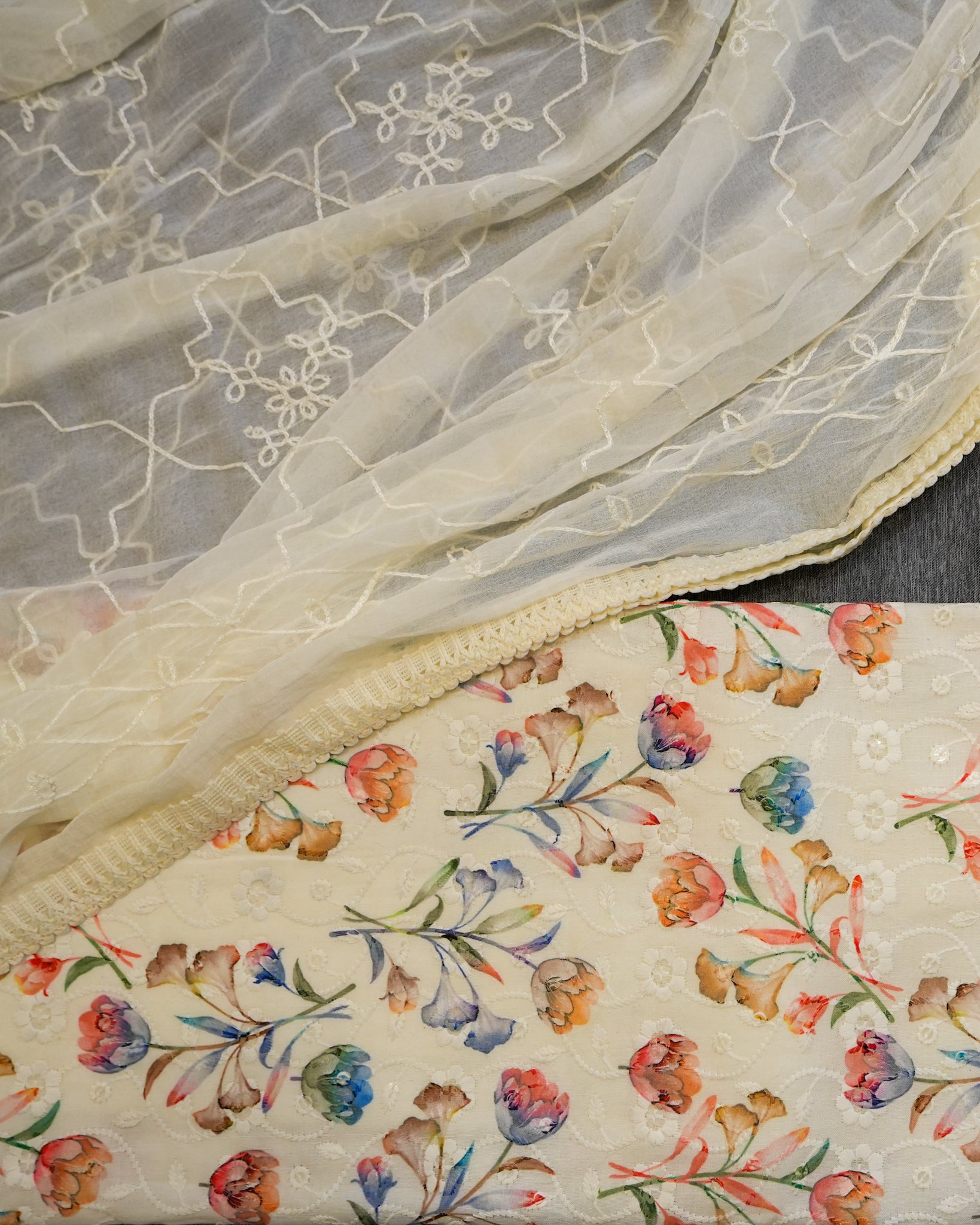 Cream Cotton Chikankari Embroidered Floral Printed Unstitched Suit