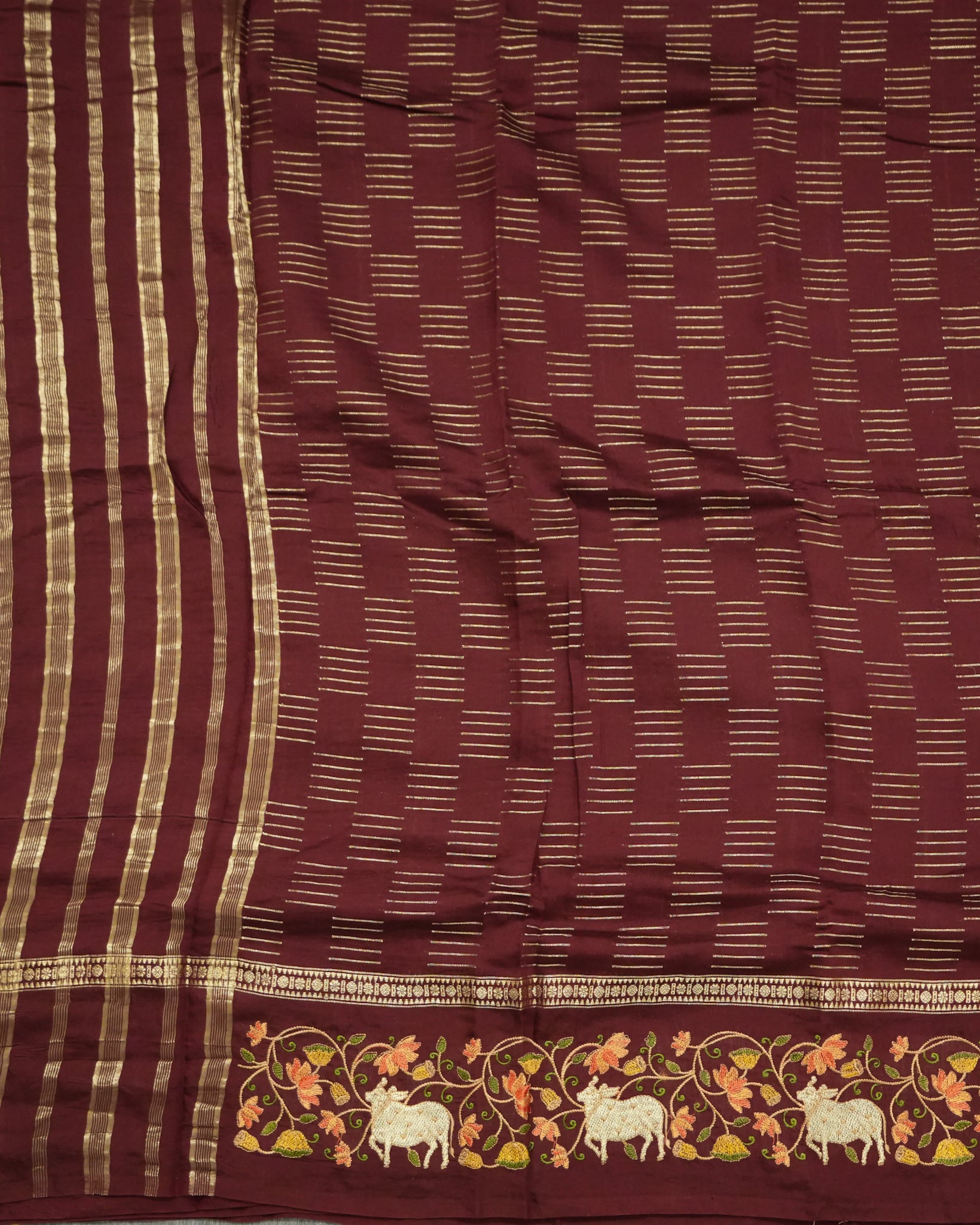 Soft Tussar Maroon Premium Saree with Zari Work & Pichwai Embroidered Border