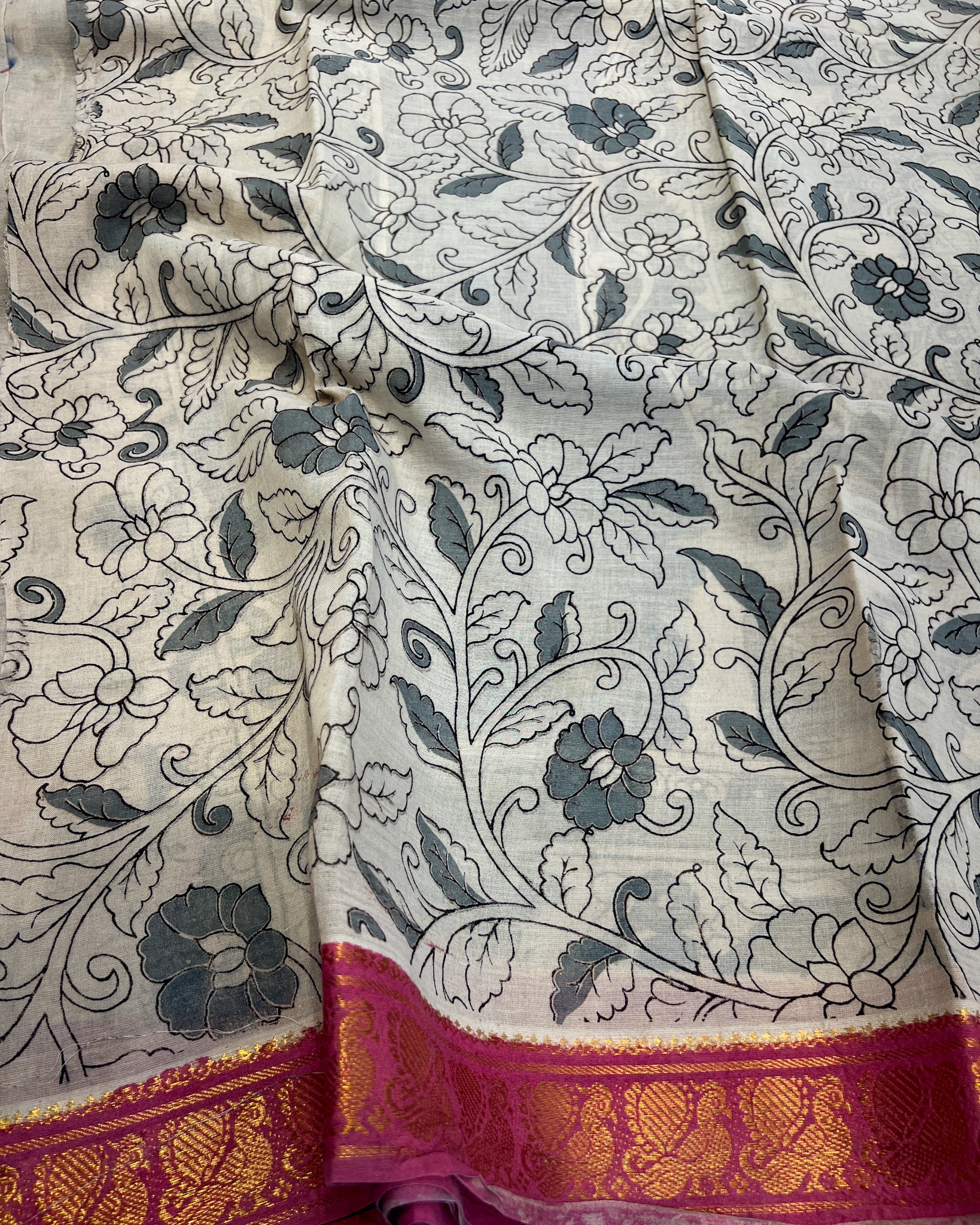 Kalamkari Cotton Saree with Nizam Border – Blue Floral Pattern