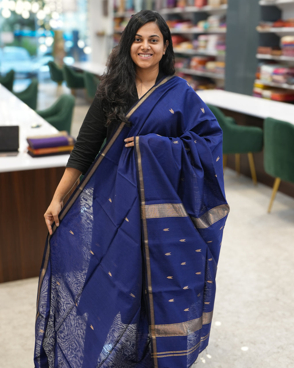 Dark Blue Woven Pure Silk Cotton Maheshwari Saree