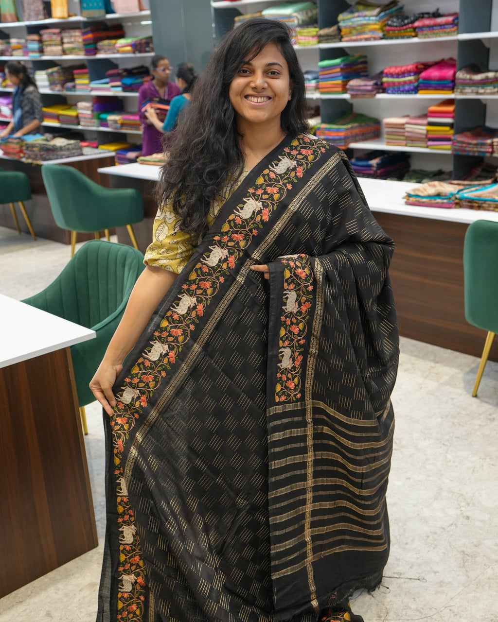 Soft Tussar Black Premium Saree with Zari Work & Pichwai Embroidered Border