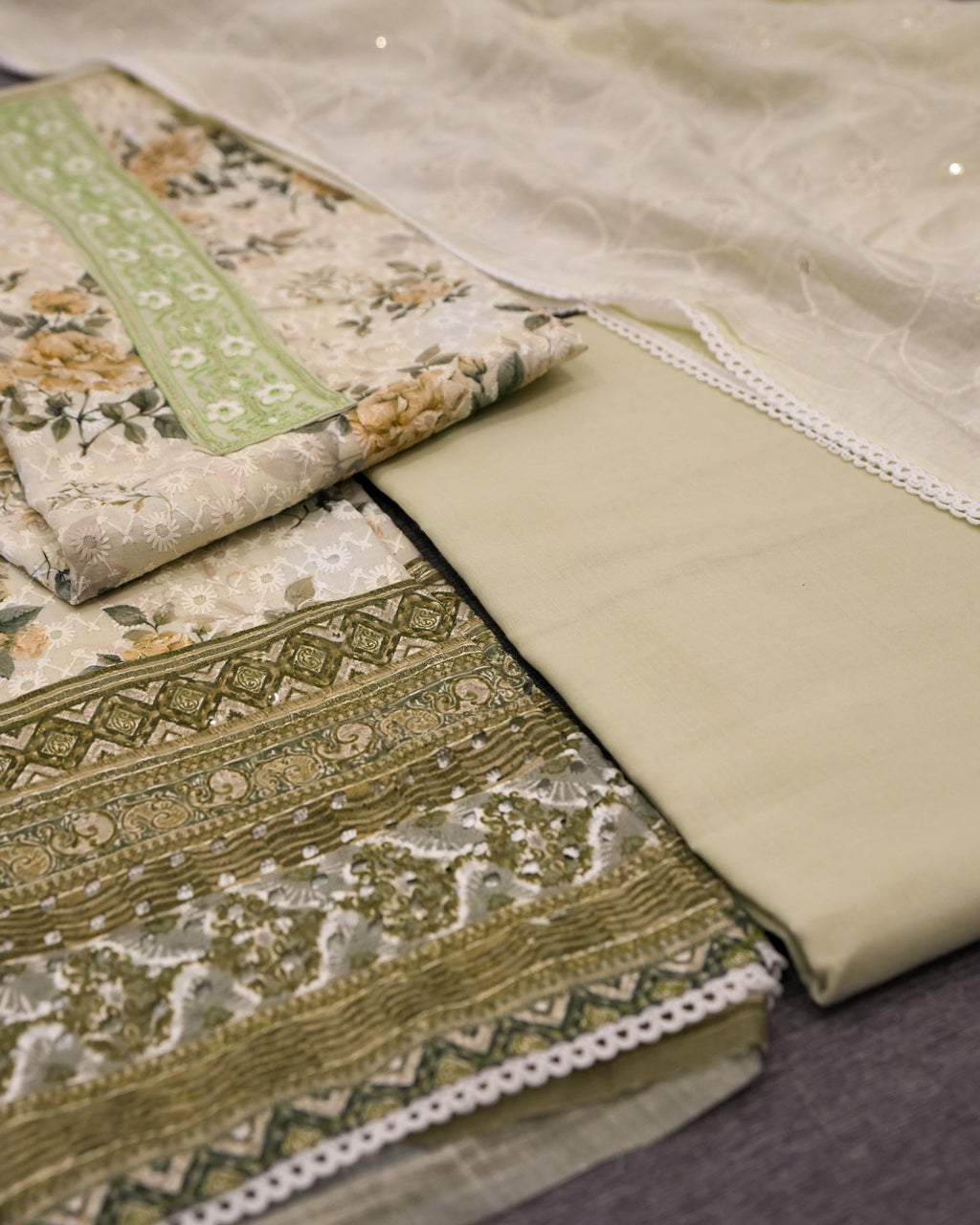 Green Cotton Chikankari Embroidered Floral Printed Unstitched Suit