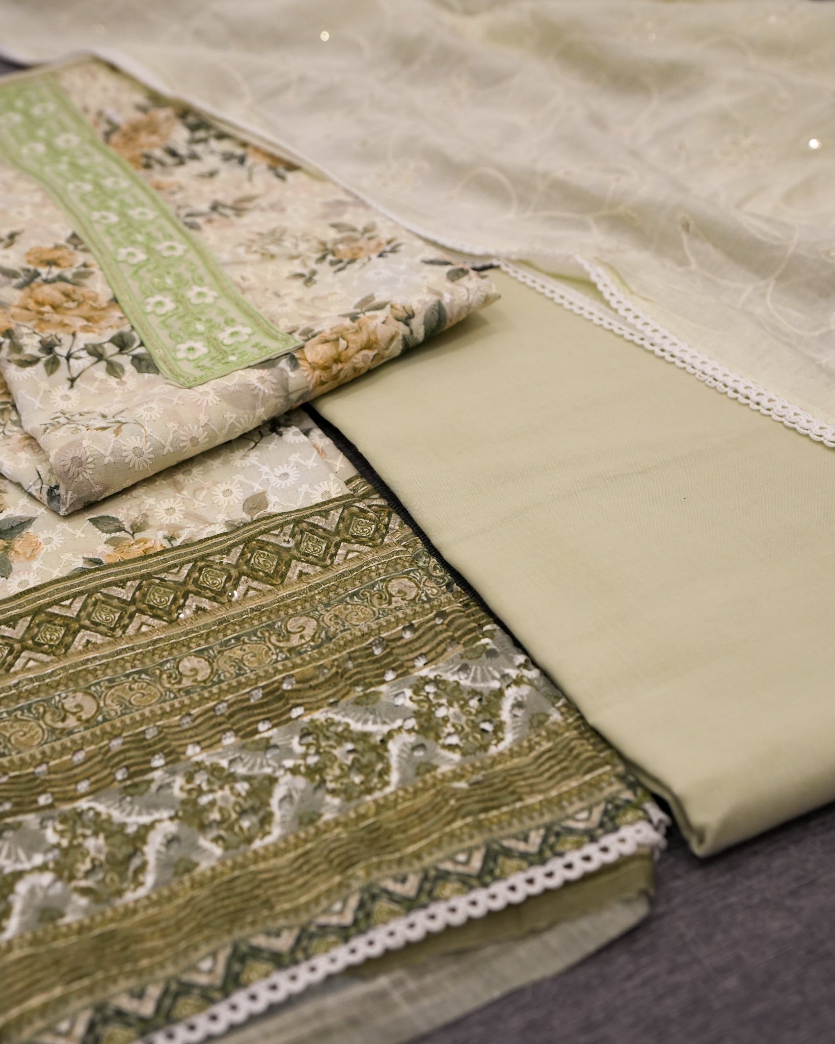 Green Cotton Chikankari Embroidered Floral Printed Unstitched Suit