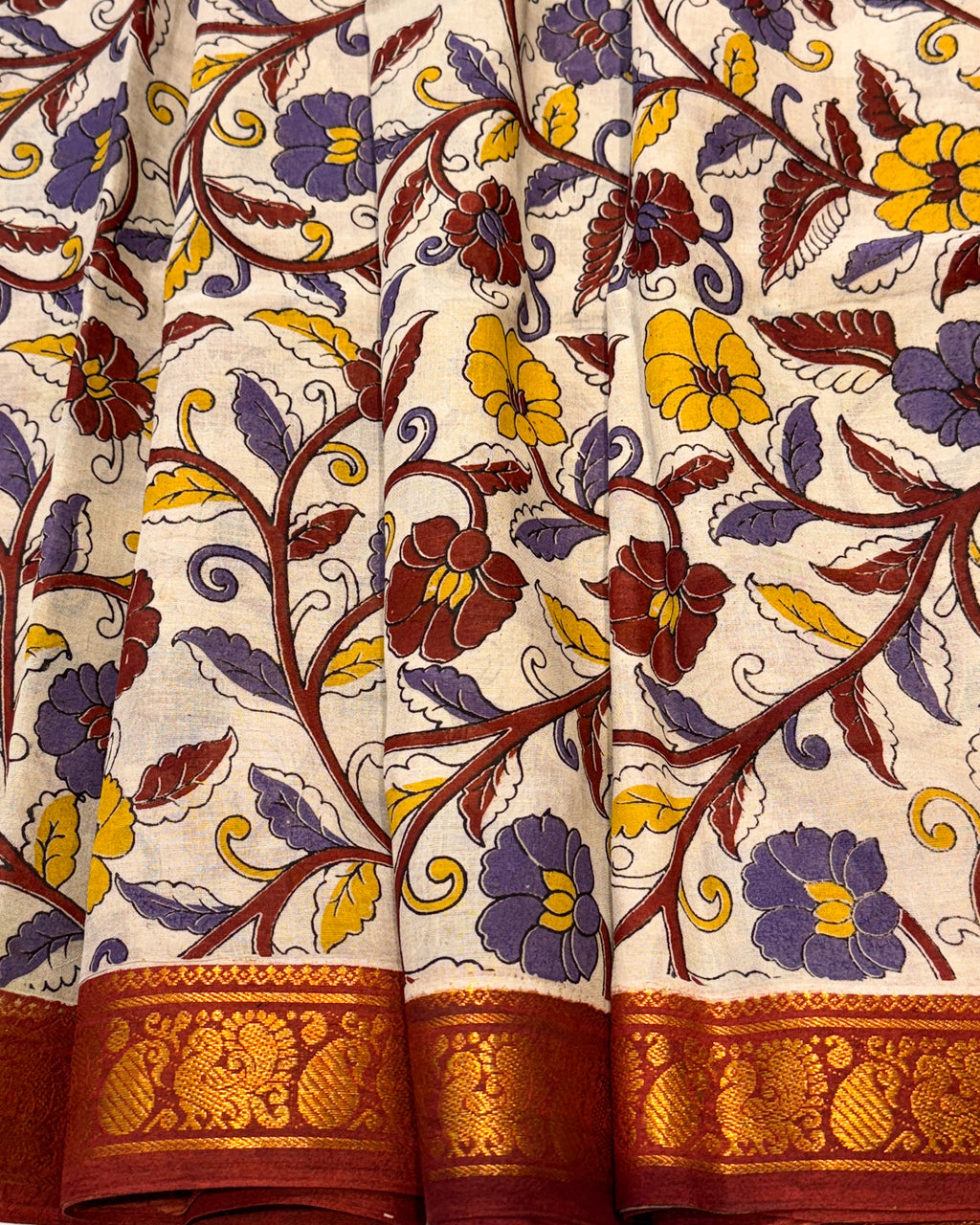 Kalamkari Cotton Saree with Nizam Border – White Floral Pattern