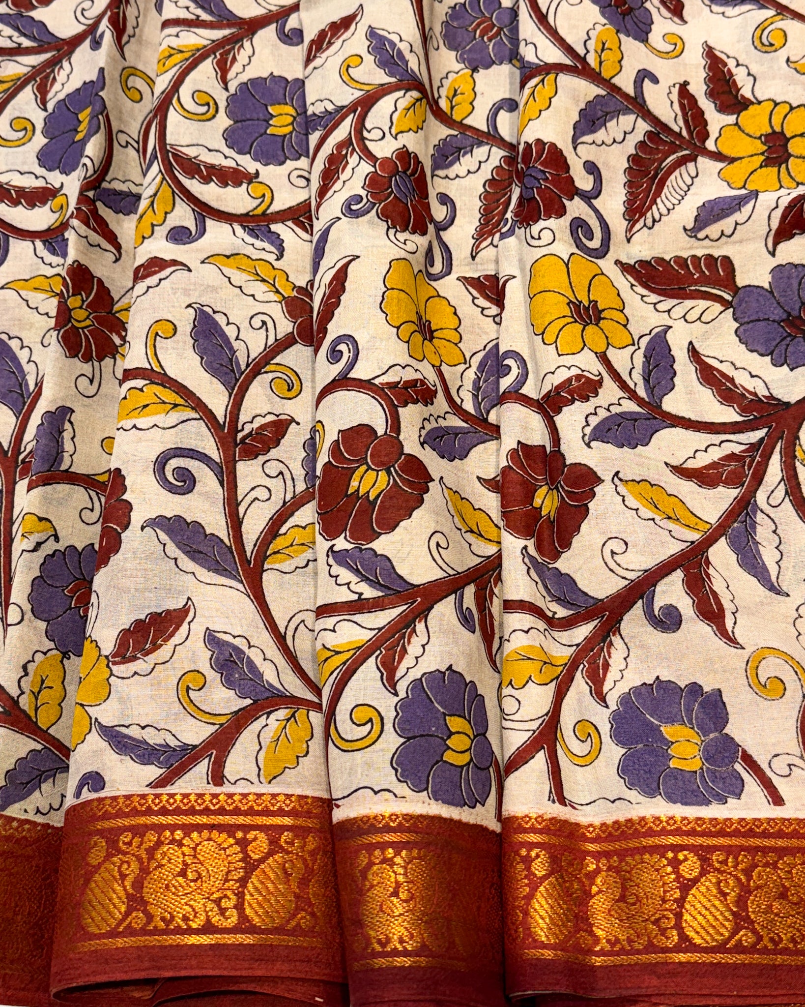 Kalamkari Cotton Saree with Nizam Border – White Floral Pattern