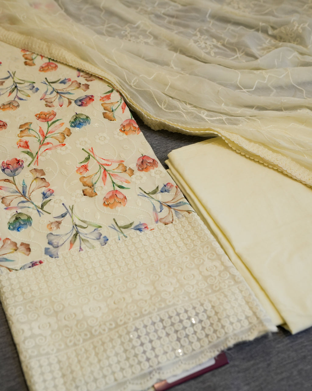 Cream Cotton Chikankari Embroidered Floral Printed Unstitched Suit
