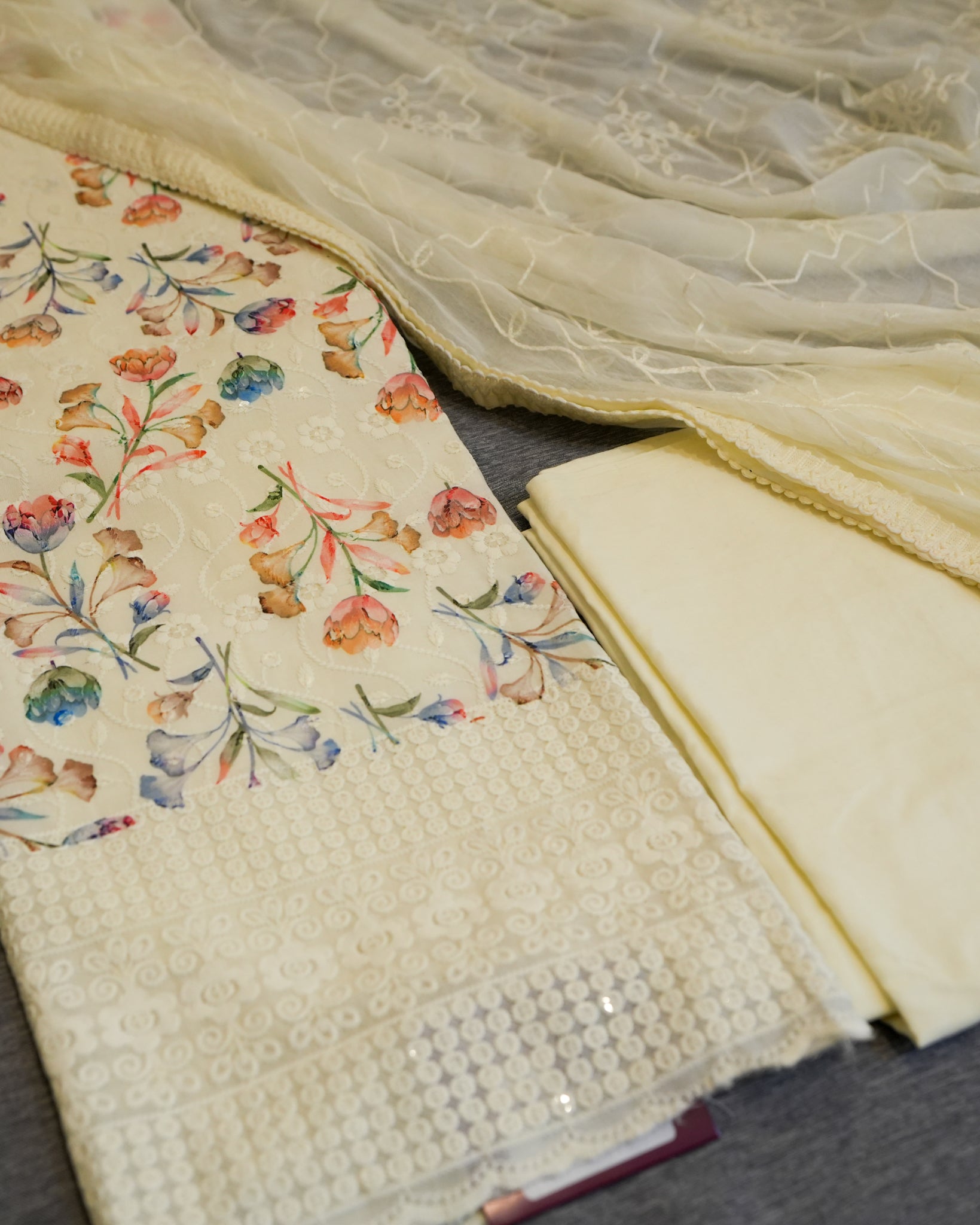 Cream Cotton Chikankari Embroidered Floral Printed Unstitched Suit