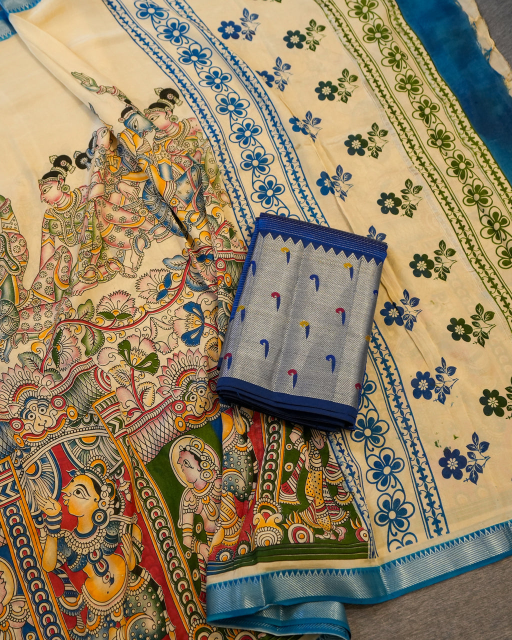 Mangalagiri Silk Teal Blue Lehenga Set Kalamkari Dupatta