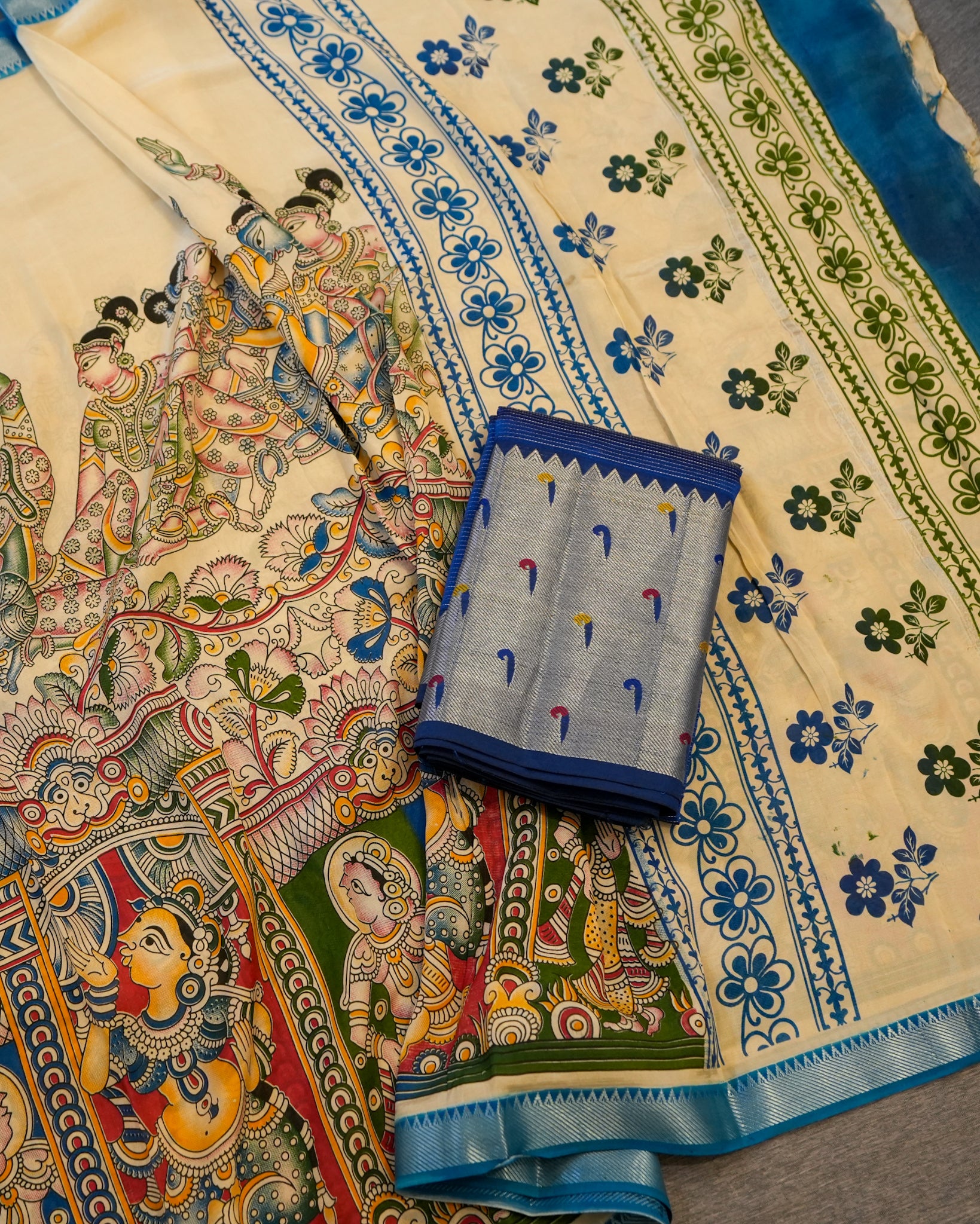 Mangalagiri Silk Teal Blue Lehenga Set Kalamkari Dupatta