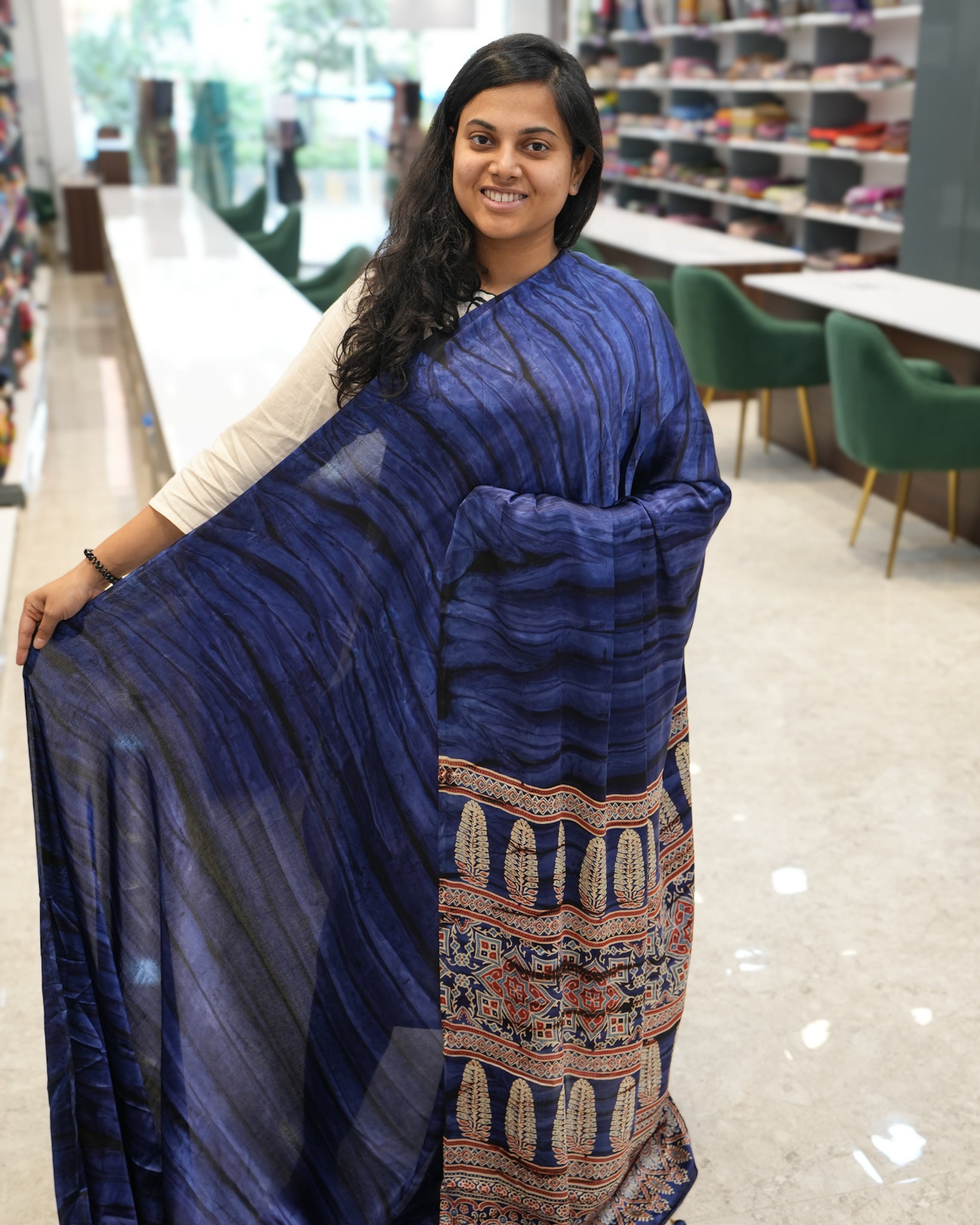 Premium Semi Modal Silk Saree in Dark Blue with Shibori & Ajrakh Print