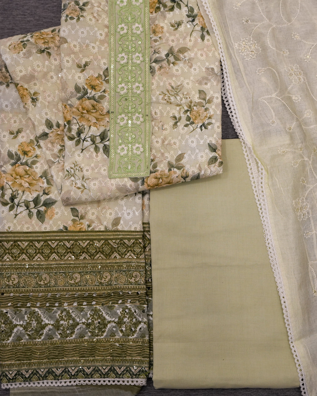 Green Cotton Chikankari Embroidered Floral Printed Unstitched Suit