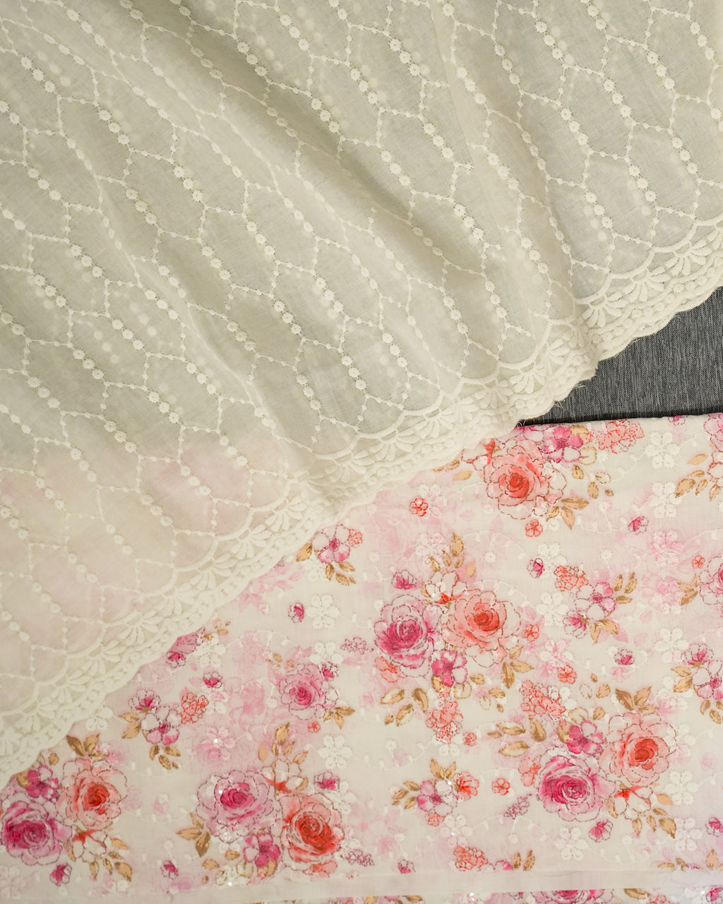 Cream & Pink Cotton Chikankari Embroidered Floral Printed Unstitched Suit