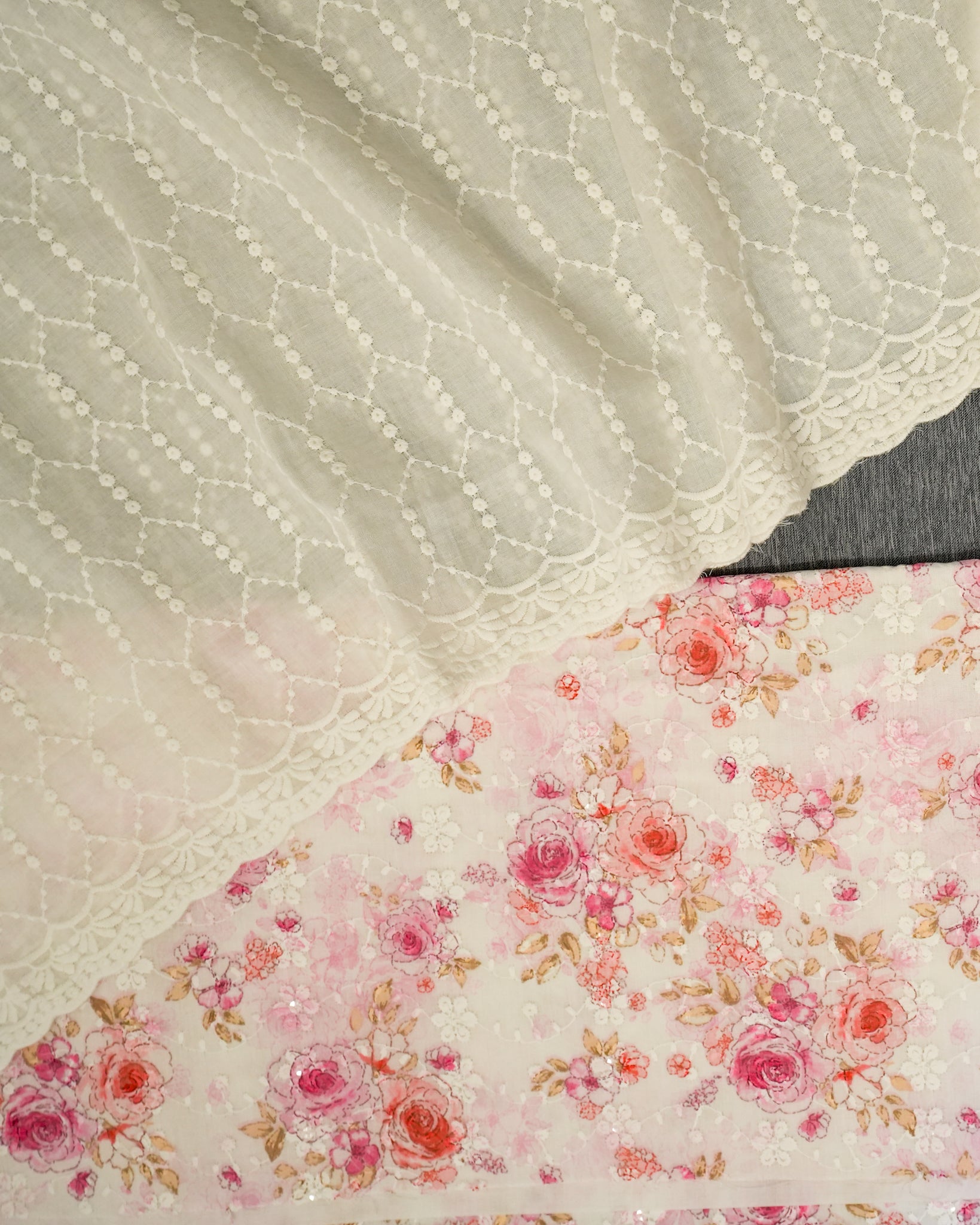 Cream & Pink Cotton Chikankari Embroidered Floral Printed Unstitched Suit