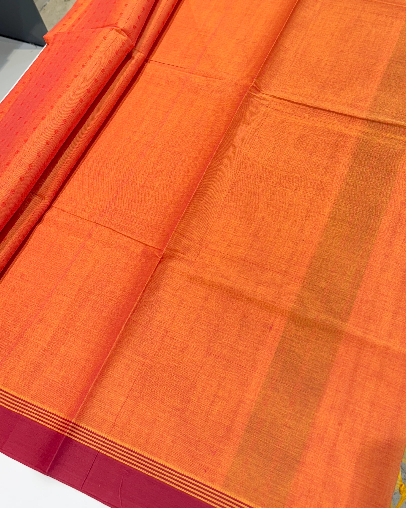 Kanchi Cotton Orange Saree with Mango Line Buttas Thread Work