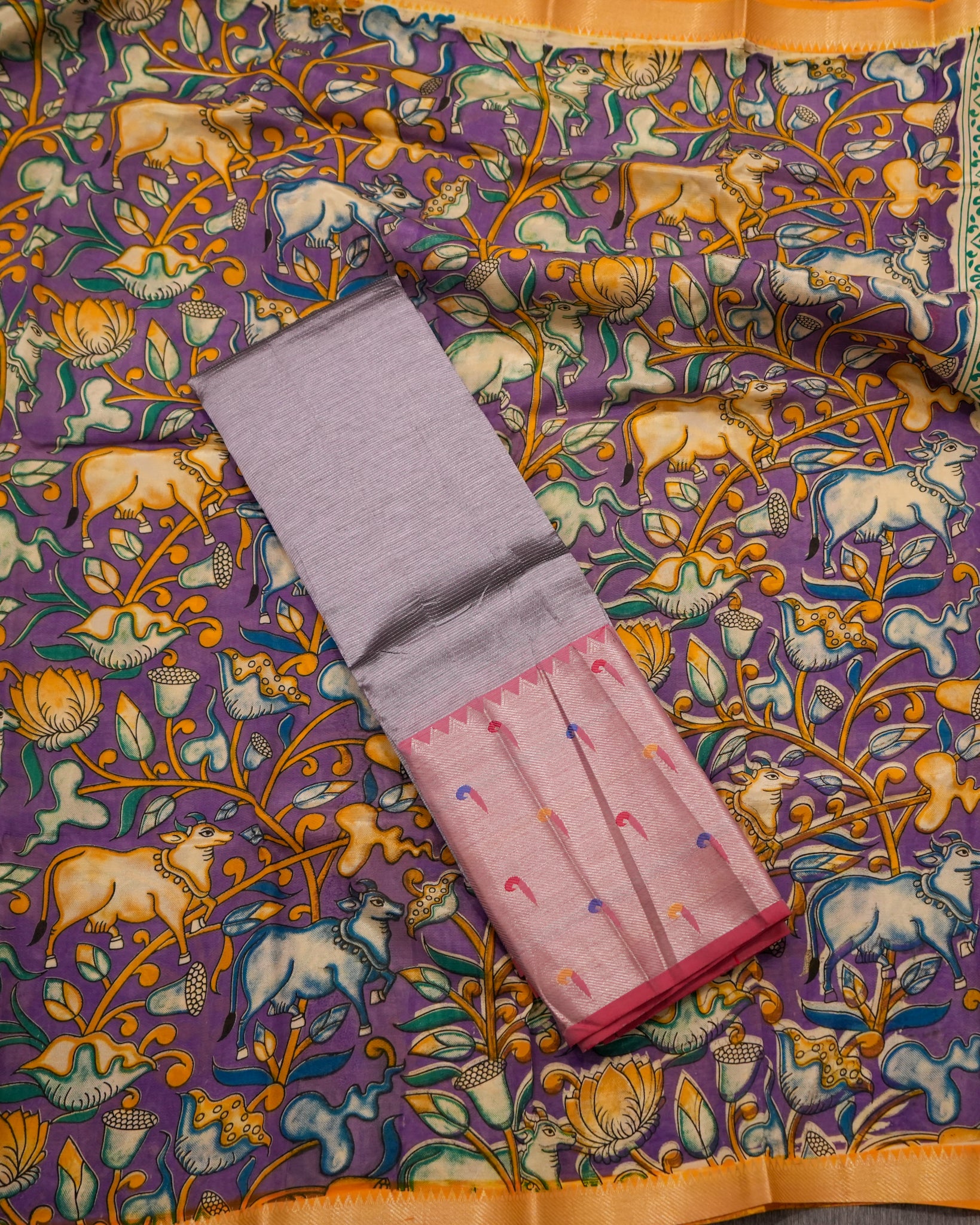 Mangalagiri Silk Lavendar Lehenga Set Kalamkari Dupatta