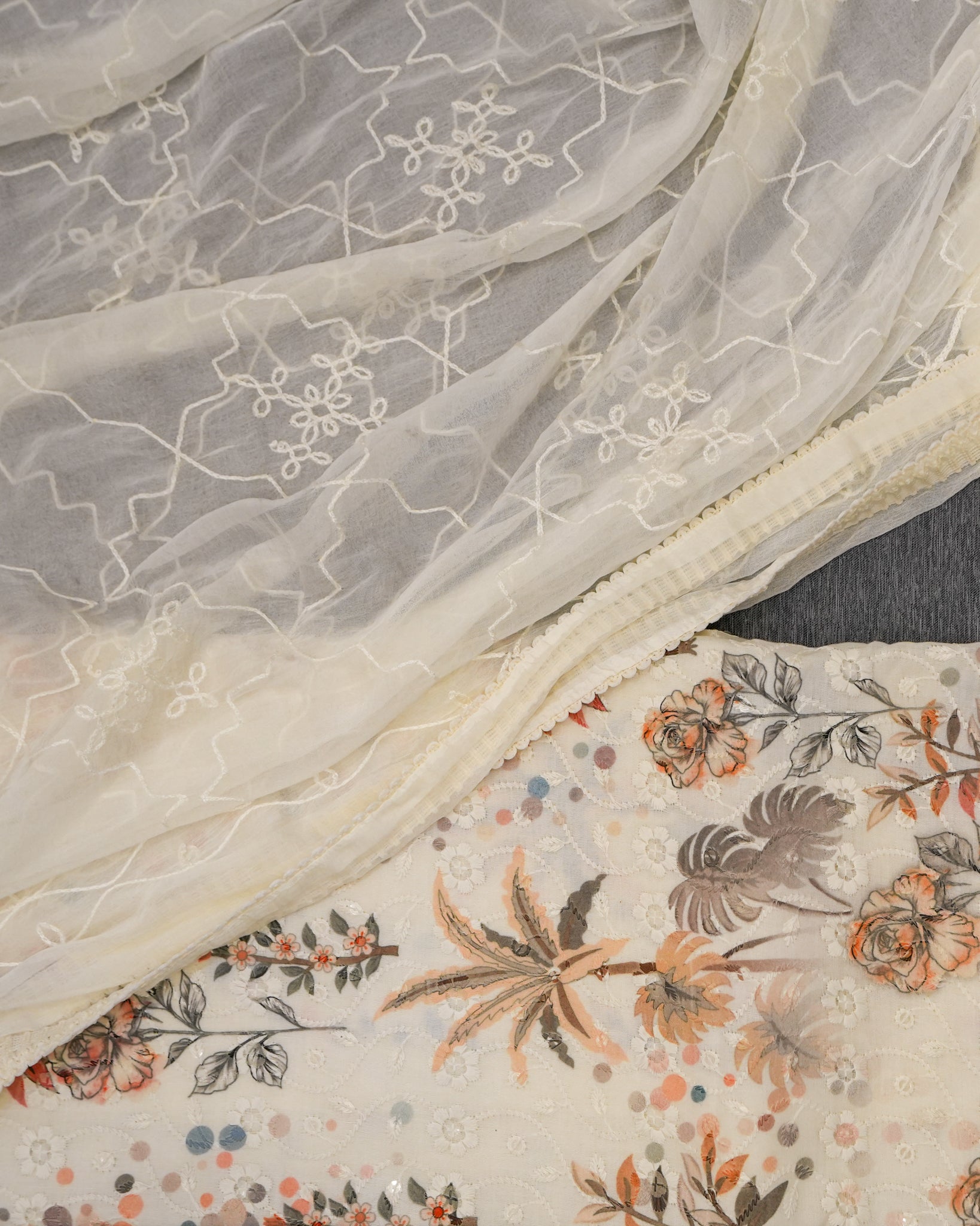 Cream Cotton Chikankari Embroidered Floral Printed Unstitched Suit