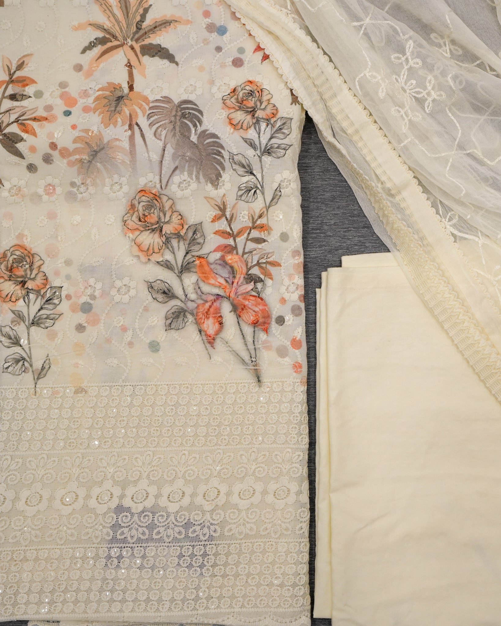 Cream Cotton Chikankari Embroidered Floral Printed Unstitched Suit