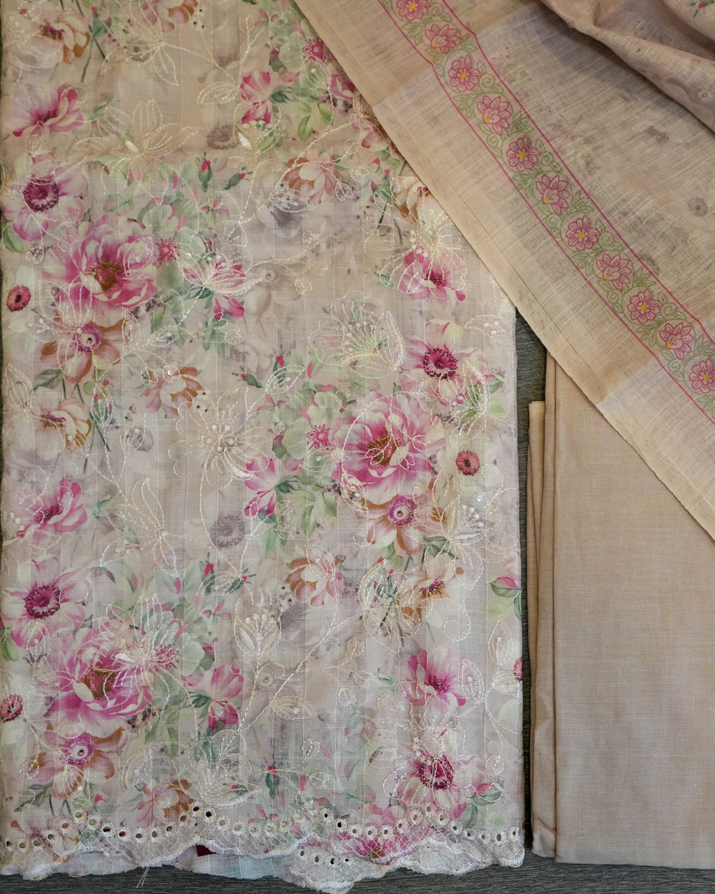 Pink Cotton Chikankari Embroidered Floral Printed Unstitched Suit
