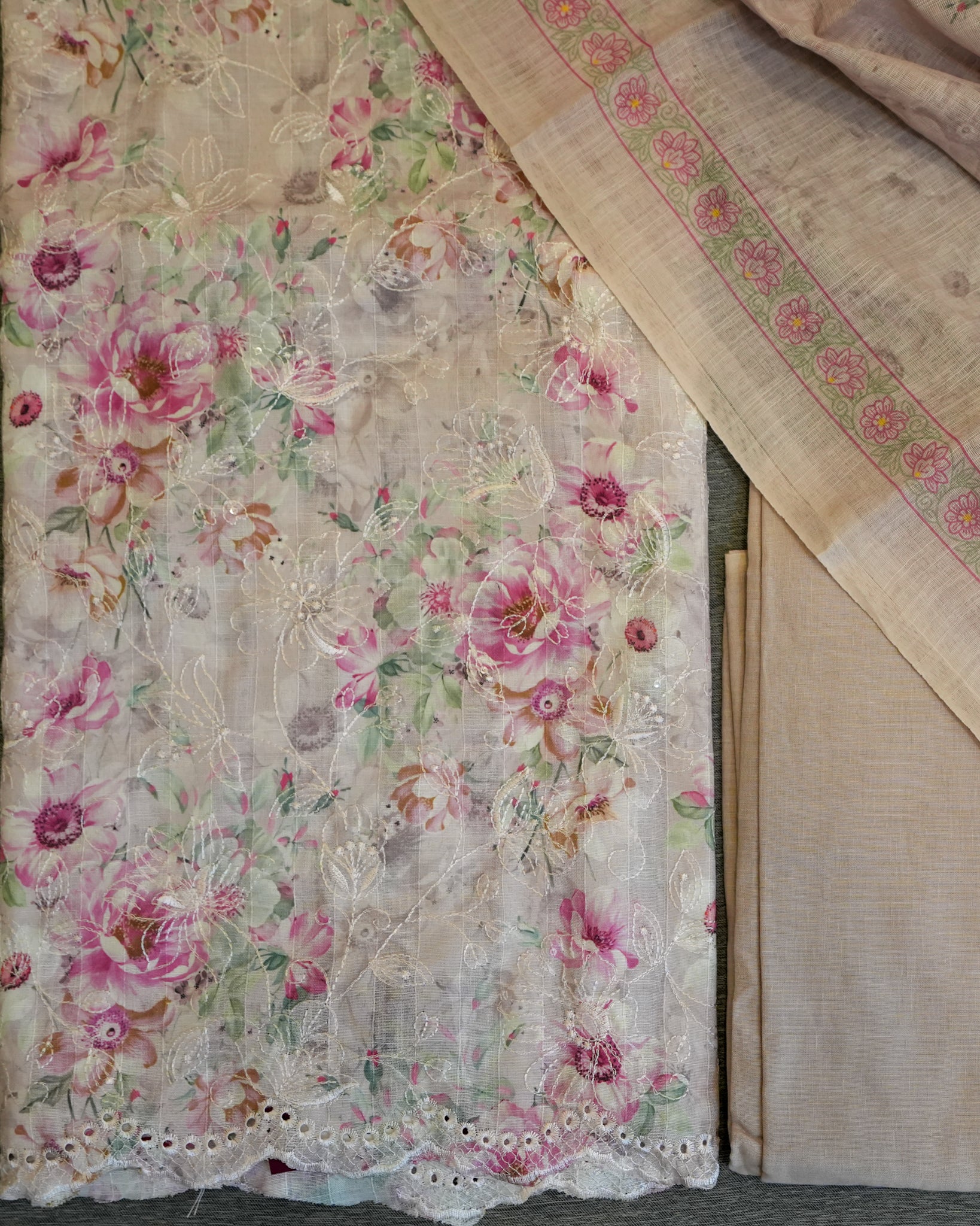 Pink Cotton Chikankari Embroidered Floral Printed Unstitched Suit