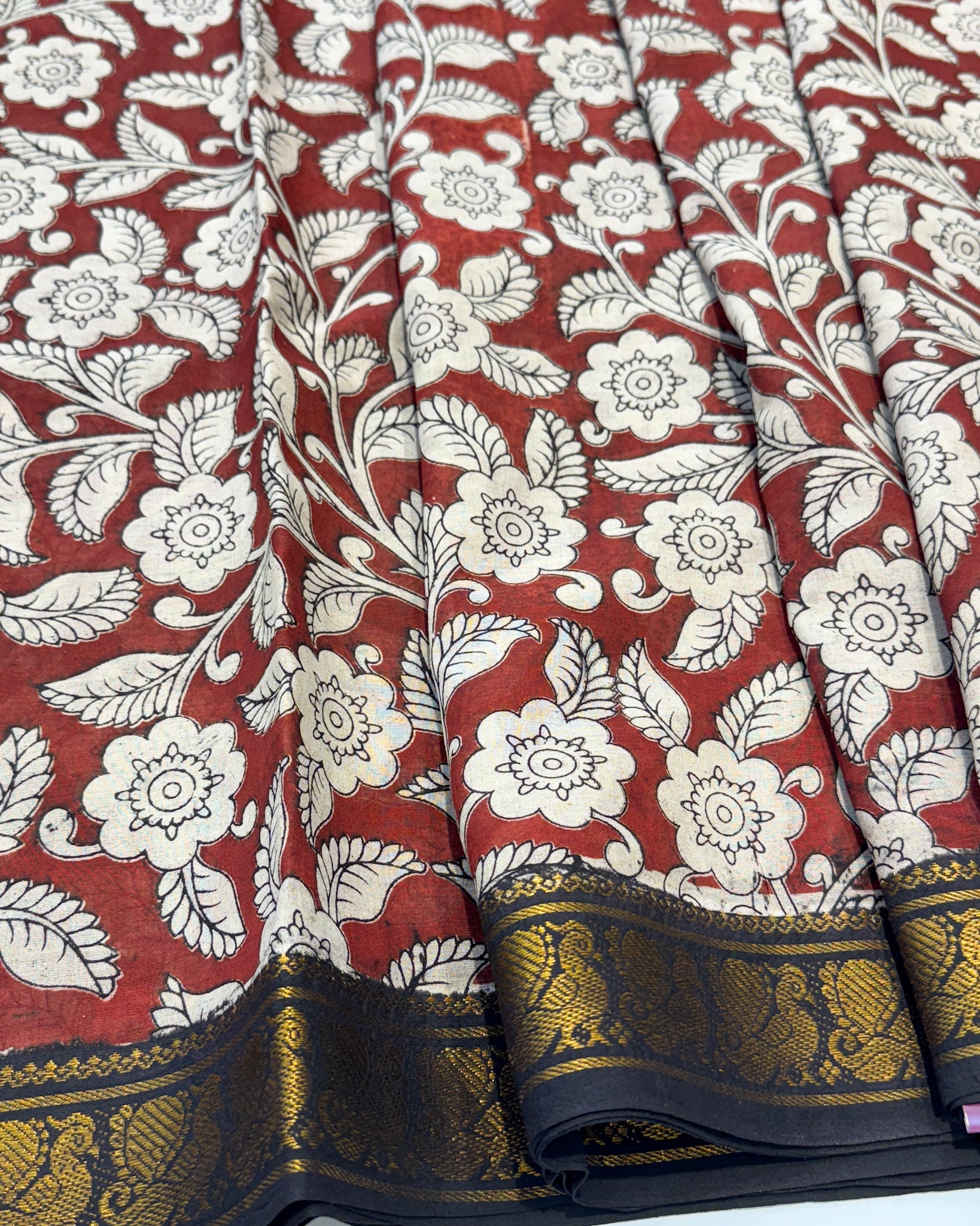 Kalamkari Cotton Saree with Nizam Border – Red Floral Pattern