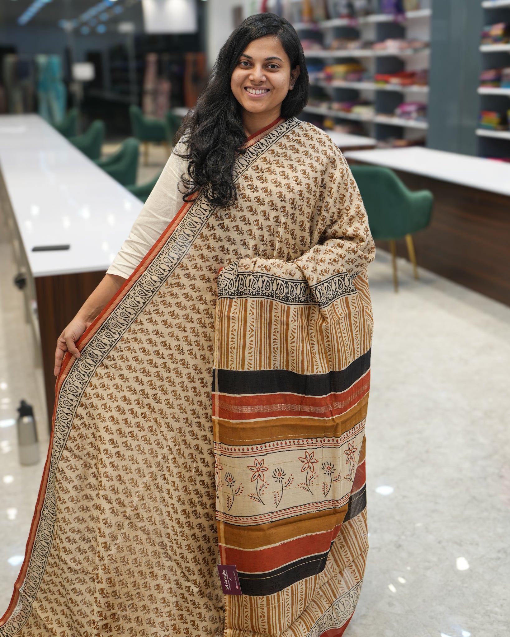 Chanderi Mango Floral Silk Saree – Red, Black & Cream