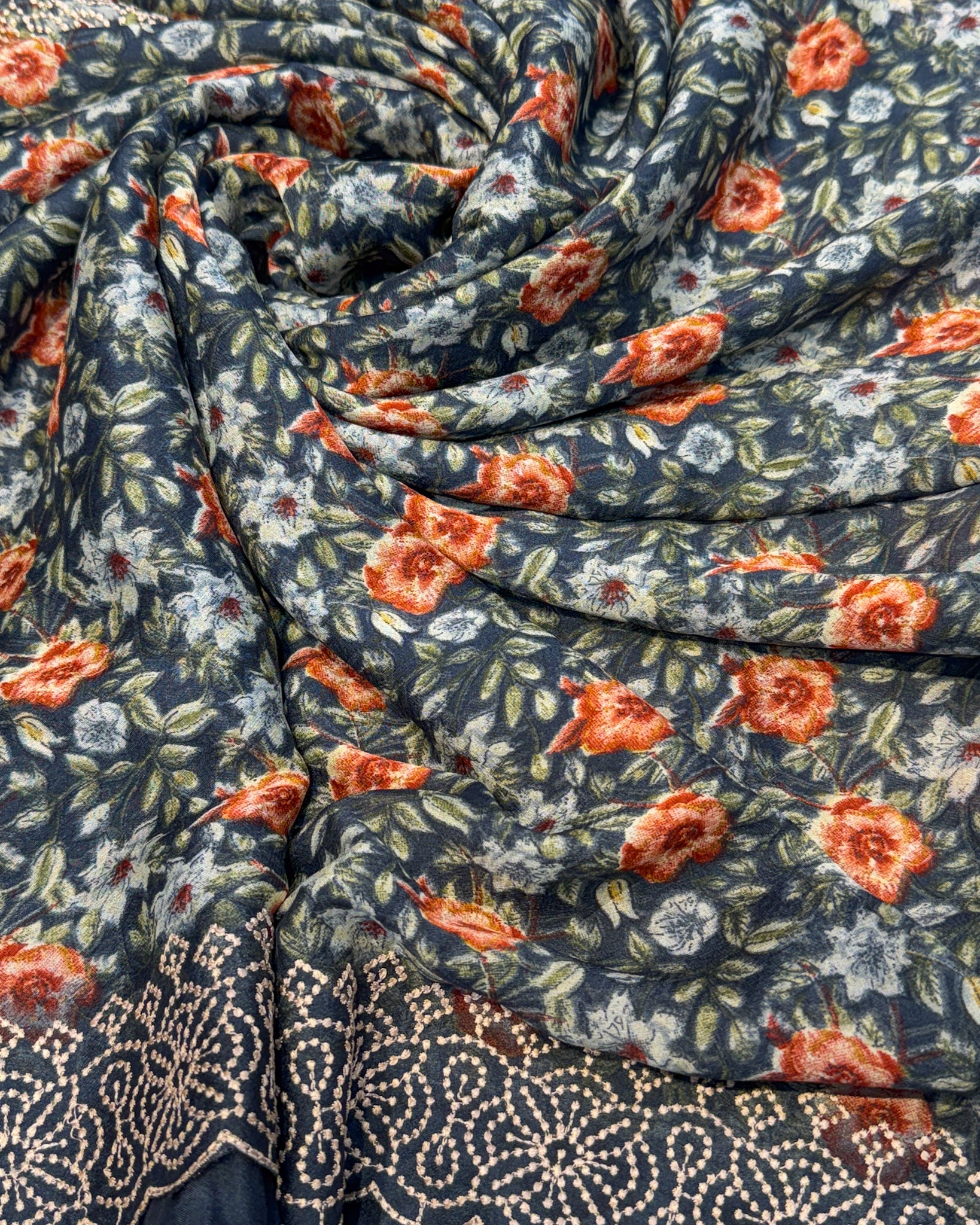 Premium Chiffon Saree with Embroidery Border – Navy Blue