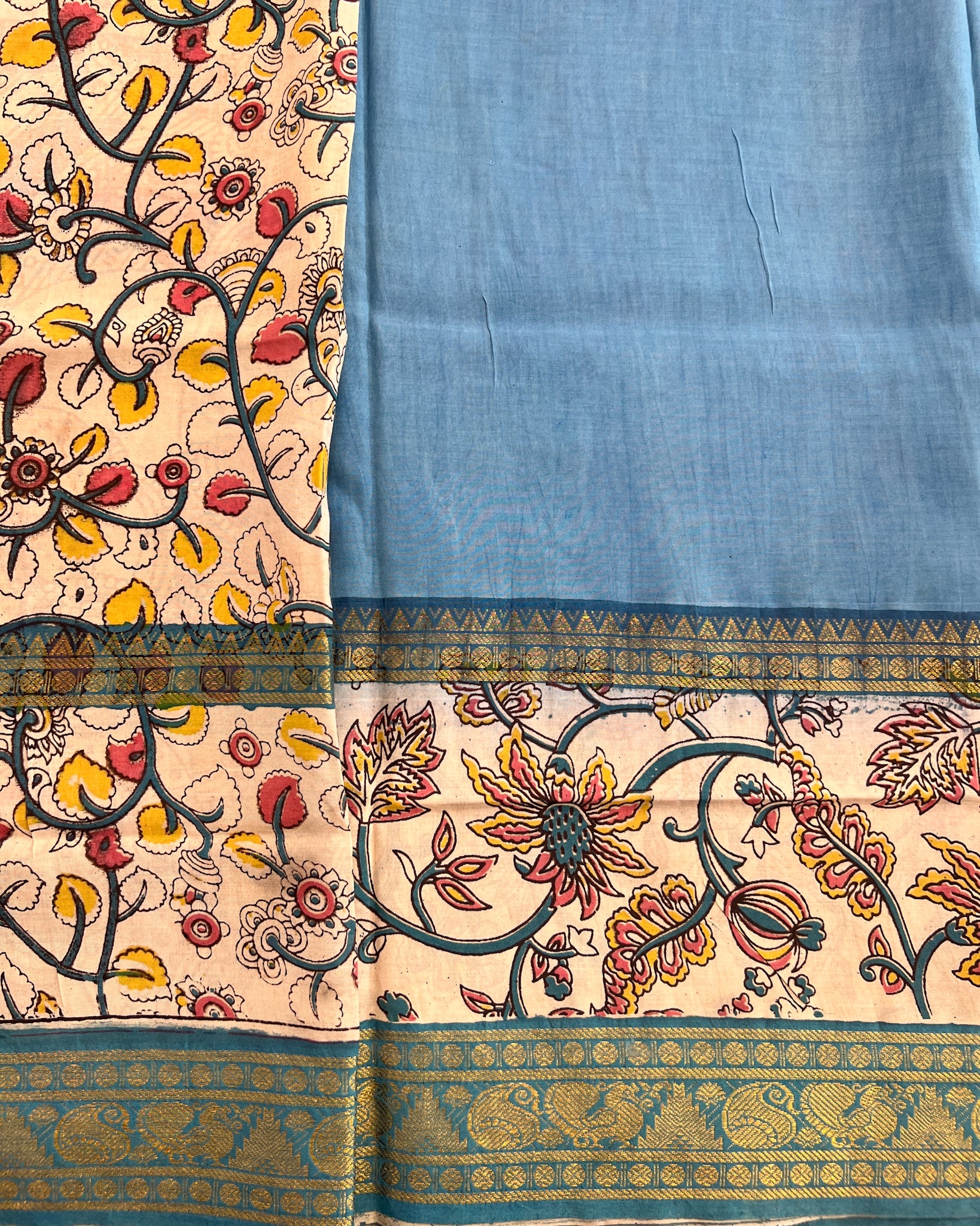 Mangalagiri Silk Saree with Kalamkari Border & Pallu | Blues