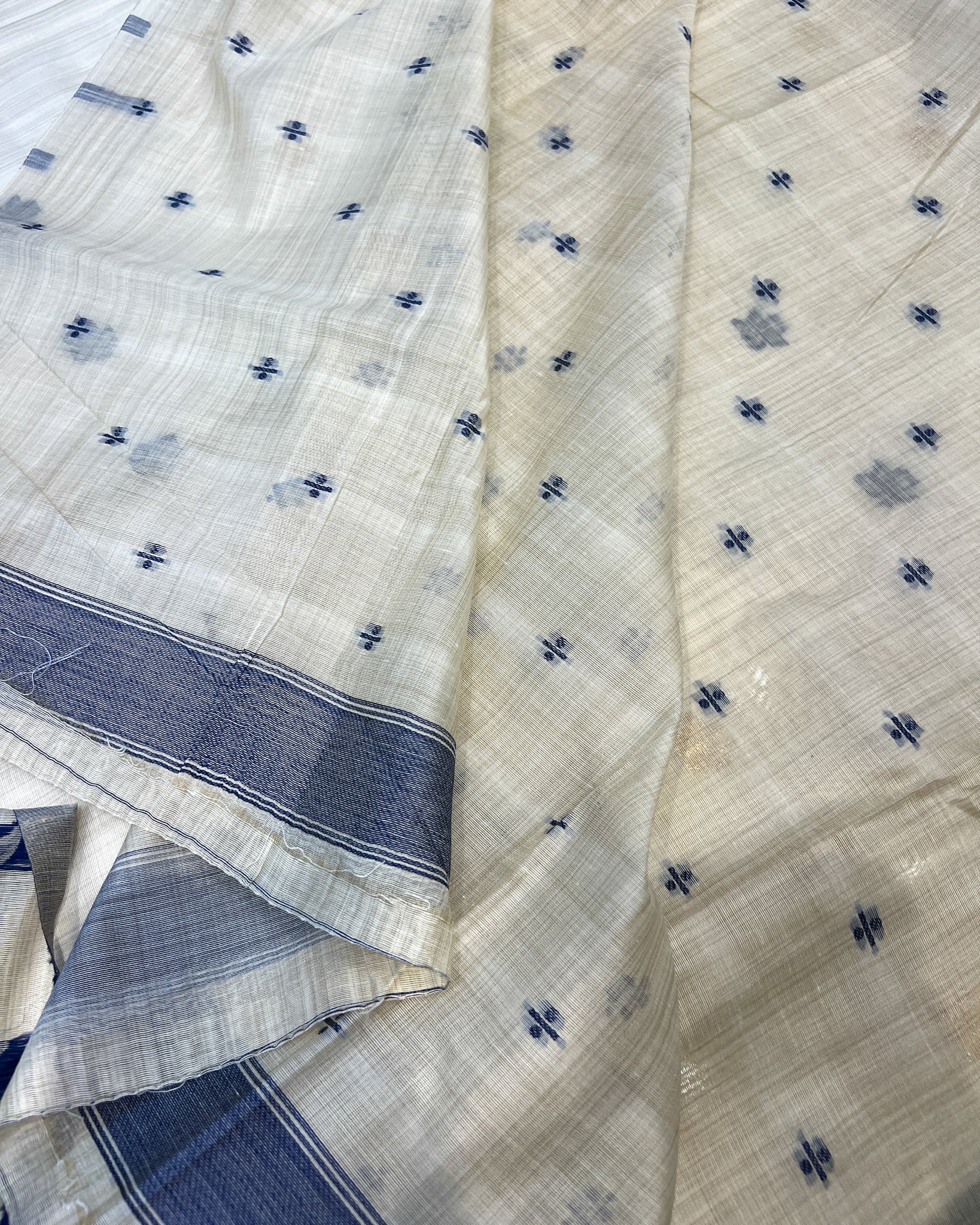 Cream Muga Cotton Saree with Blue Floral Threadwork