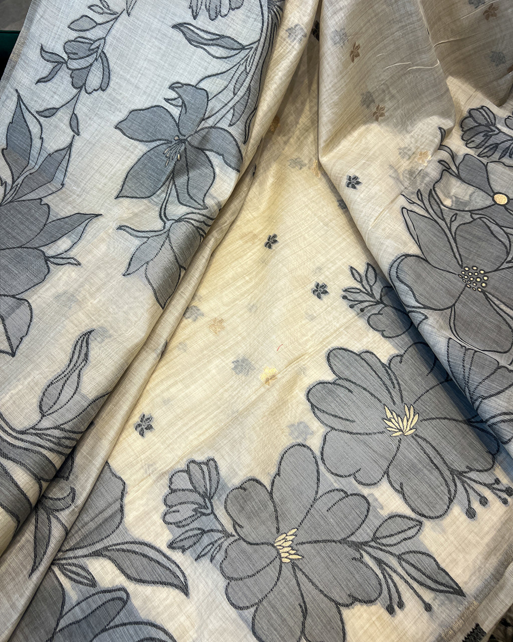 Cream Muga Cotton Saree with Grey Floral Threadwork