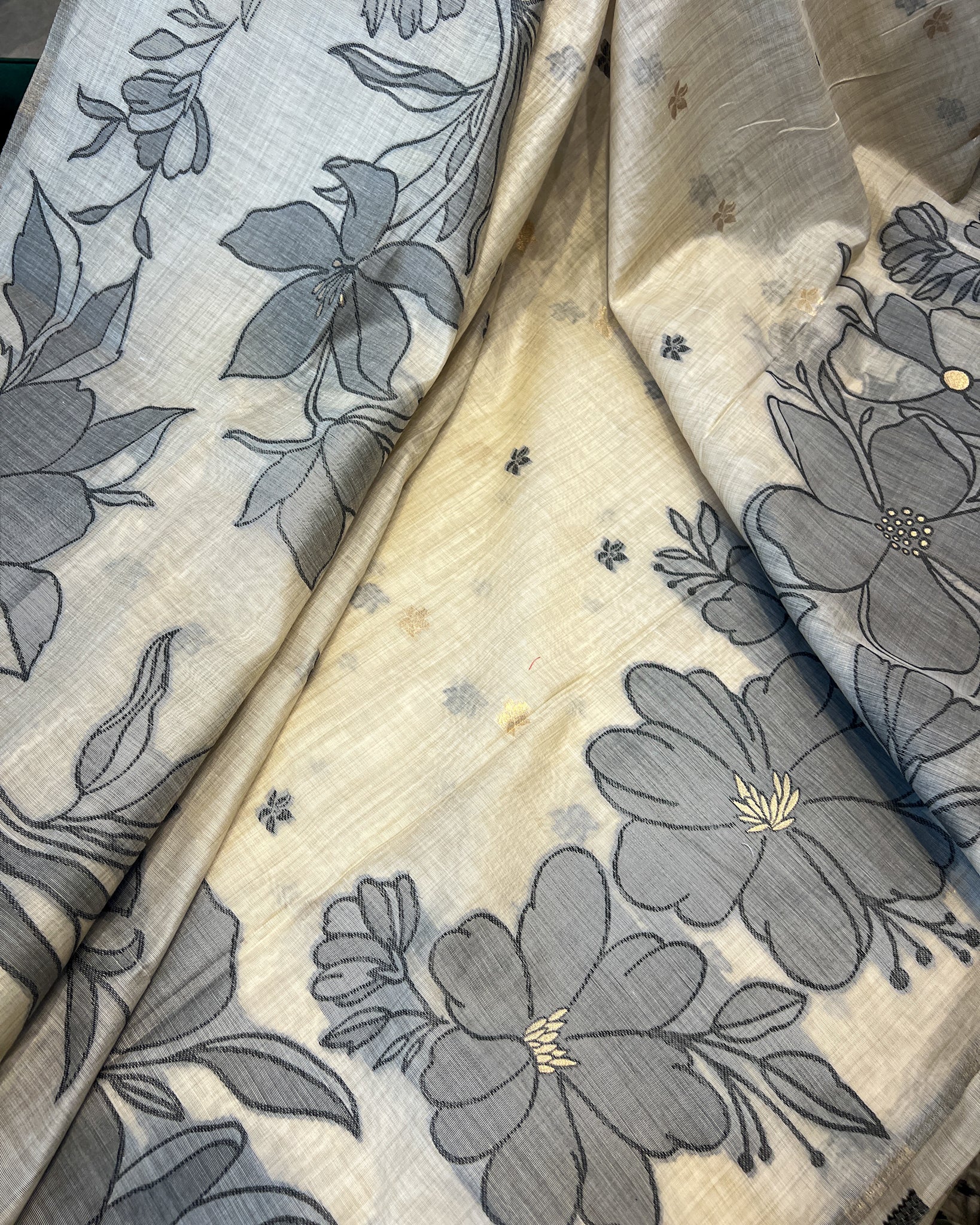 Cream Muga Cotton Saree with Grey Floral Threadwork