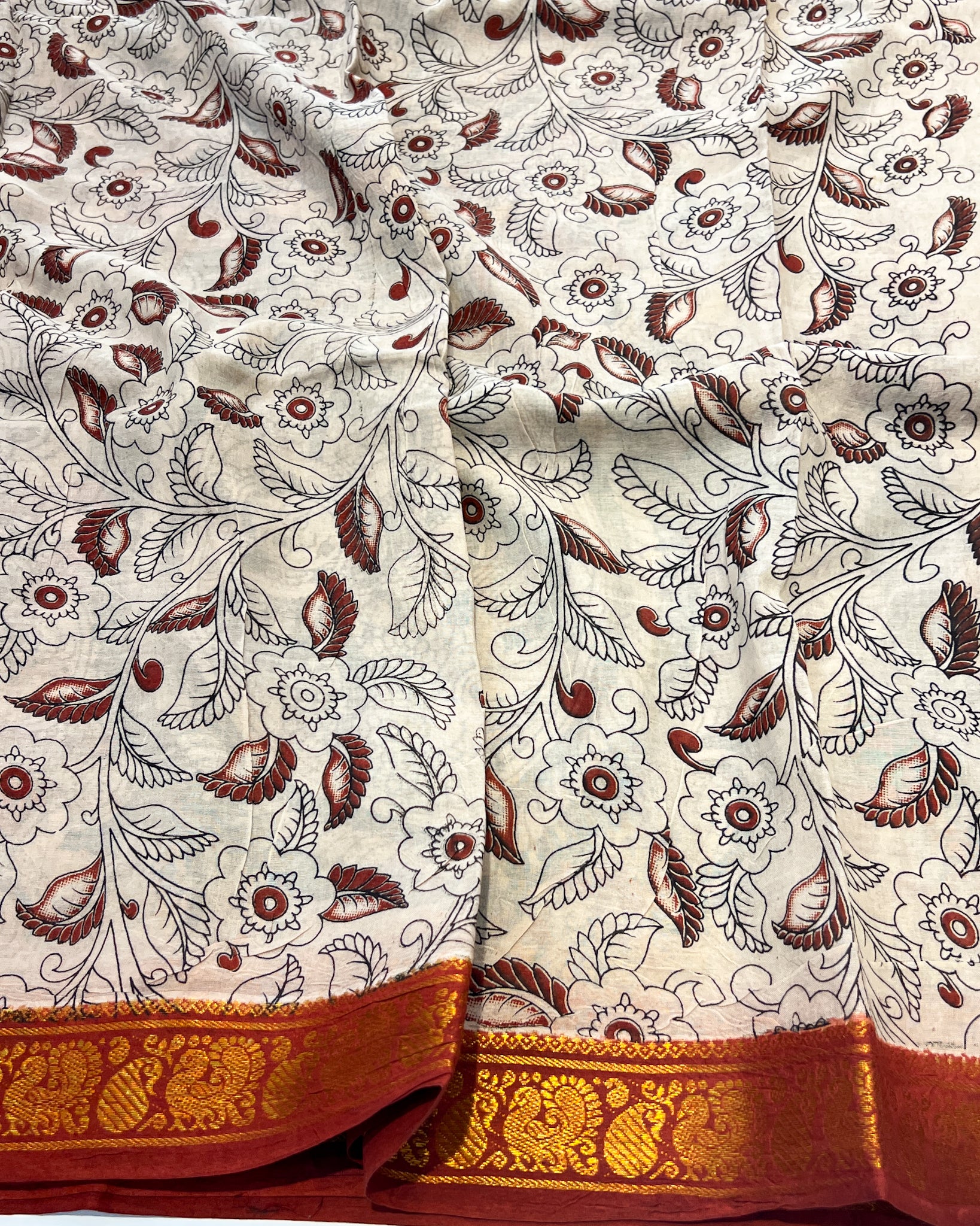 Kalamkari Cotton Saree with Nizam Border – Green Floral Pattern