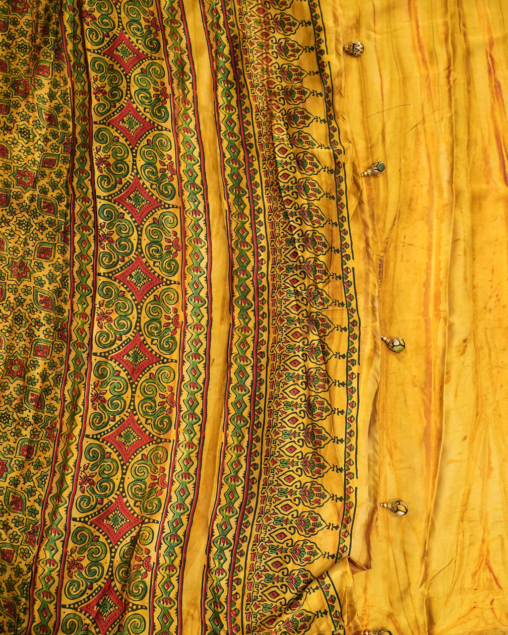 Premium Semi Modal Silk Saree in Yellow with Shibori & Ajrakh Print
