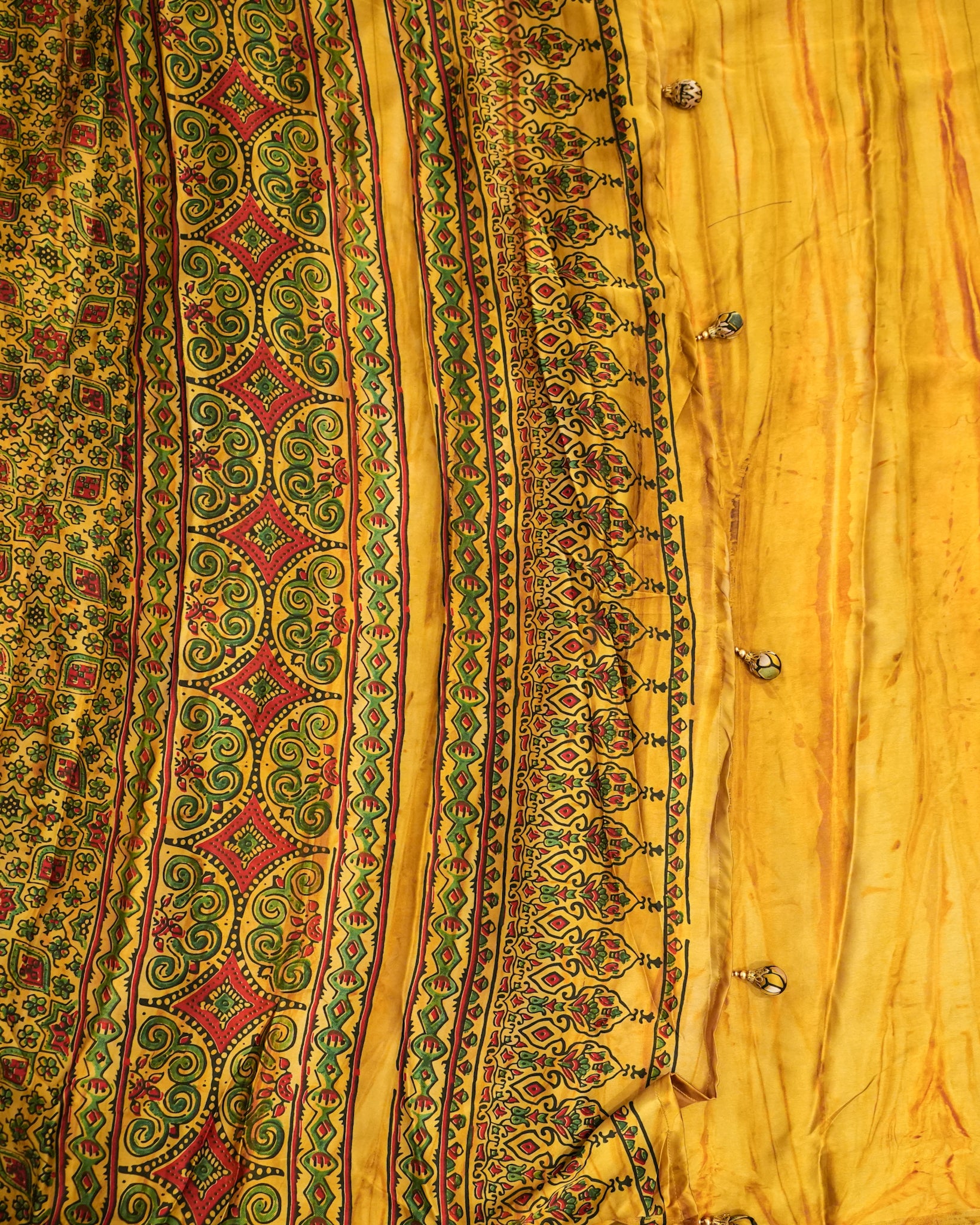 Premium Semi Modal Silk Saree in Yellow with Shibori & Ajrakh Print