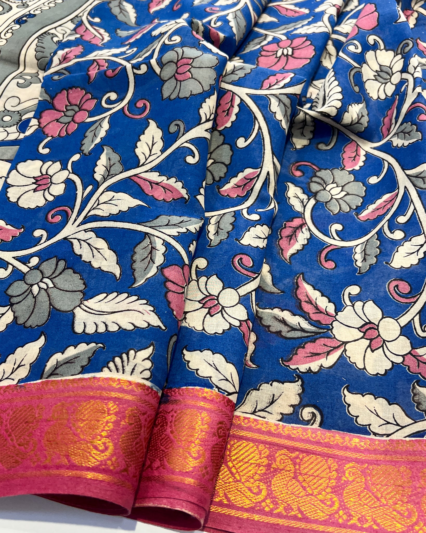 Kalamkari Cotton Saree with Nizam Border – Blue Floral Pattern