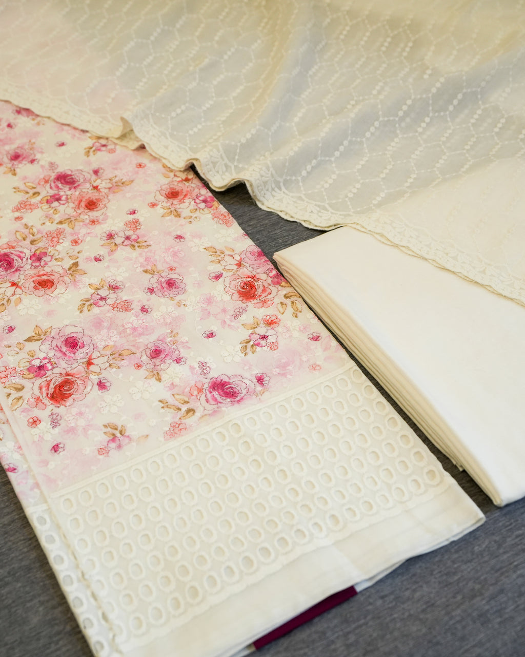 Cream & Pink Cotton Chikankari Embroidered Floral Printed Unstitched Suit