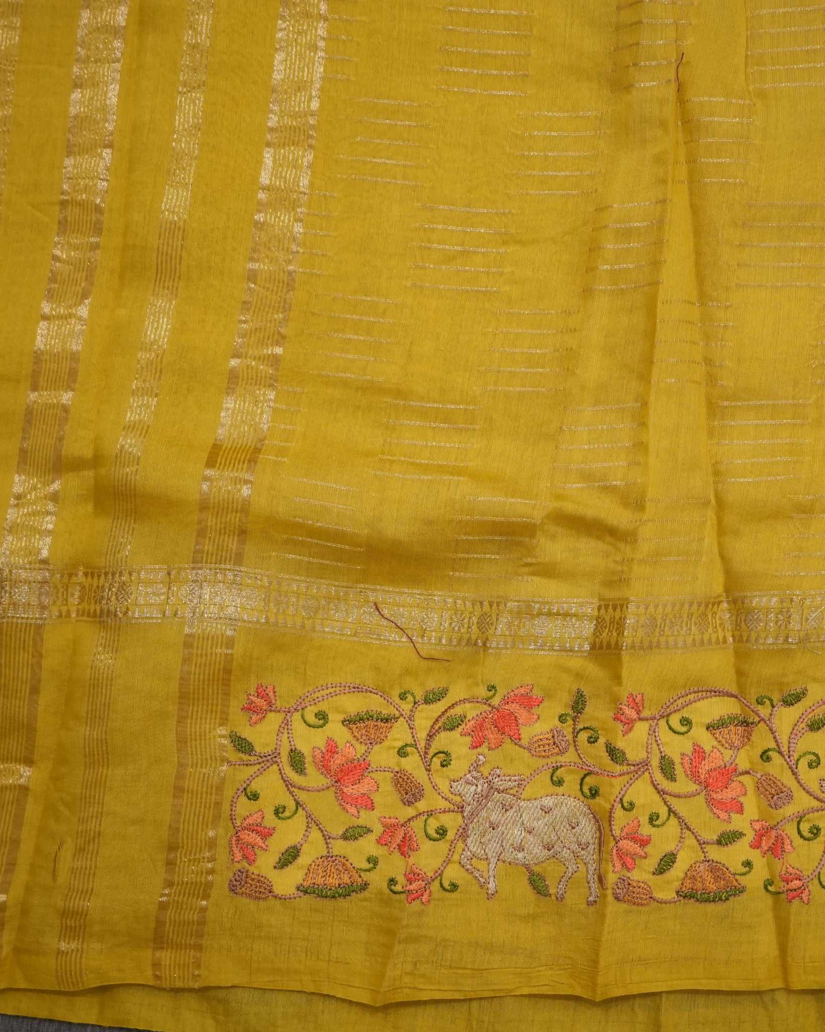 Soft Tussar Yellow Premium Saree with Zari Work & Pichwai Embroidered Border