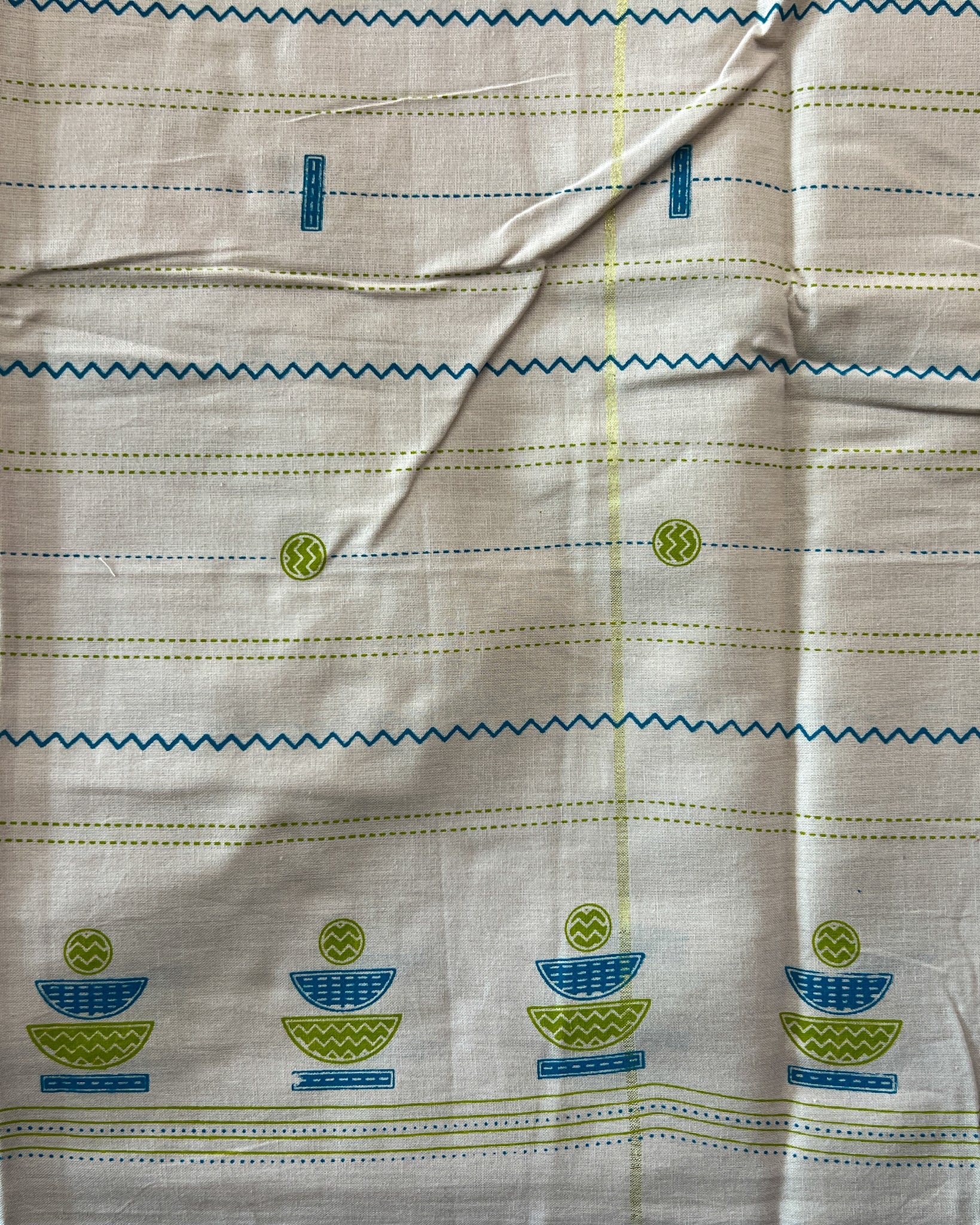 Soft Cotton Bright Fun 3-Piece Dress Material Set Green/Cream