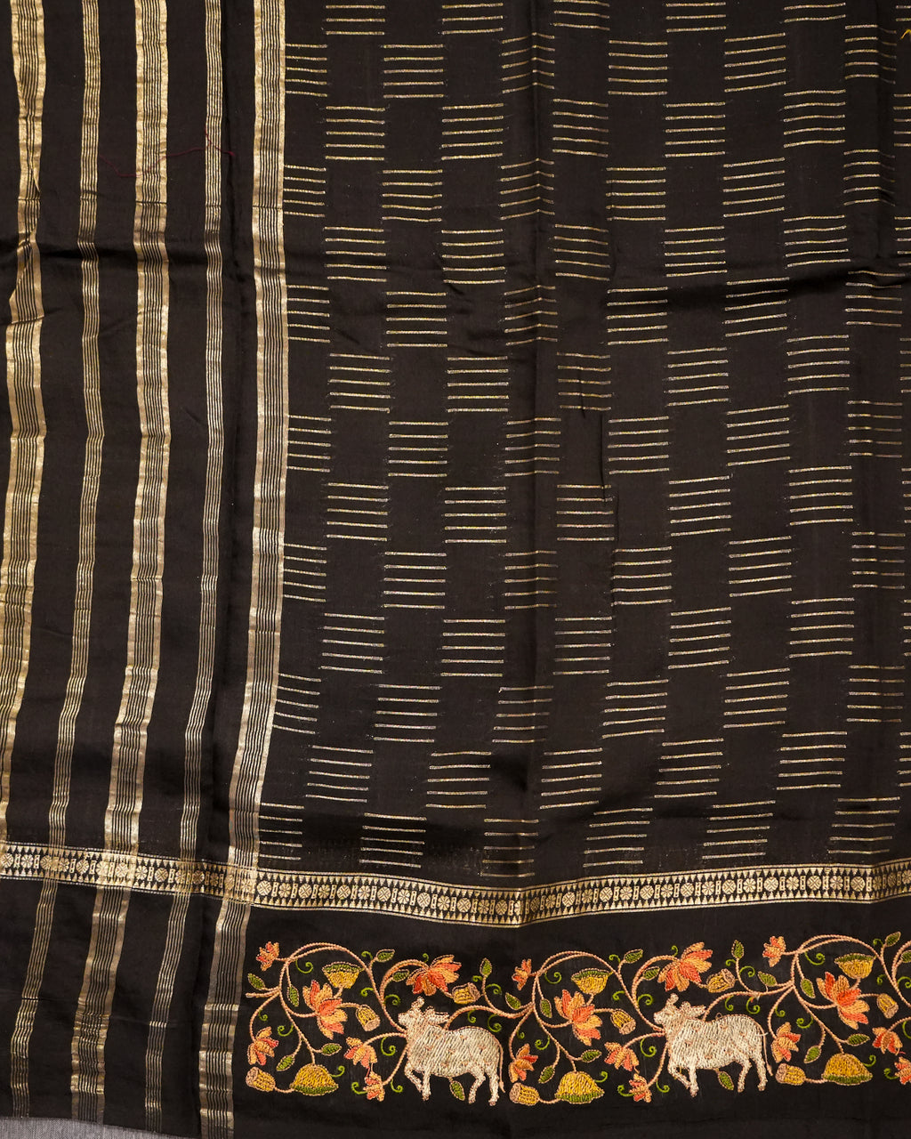 Soft Tussar Black Premium Saree with Zari Work & Pichwai Embroidered Border