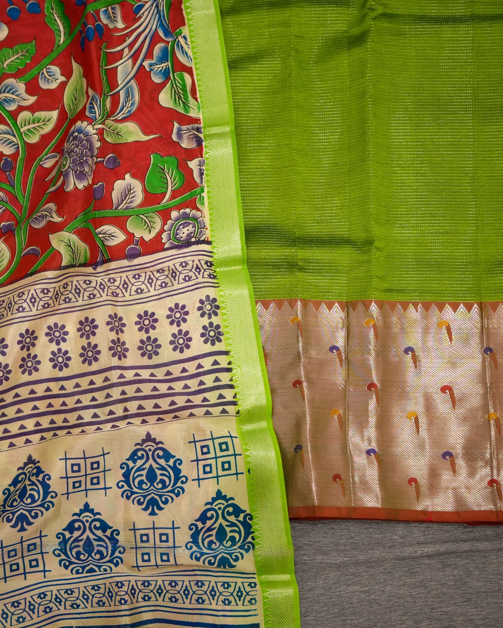 Mangalagiri Silk Green Lehenga Set Kalamkari Dupatta