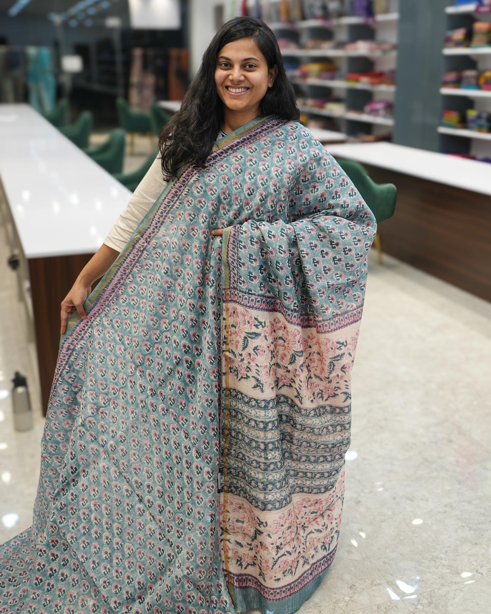 Chanderi Blue Pink Tropical Floral Silk Saree