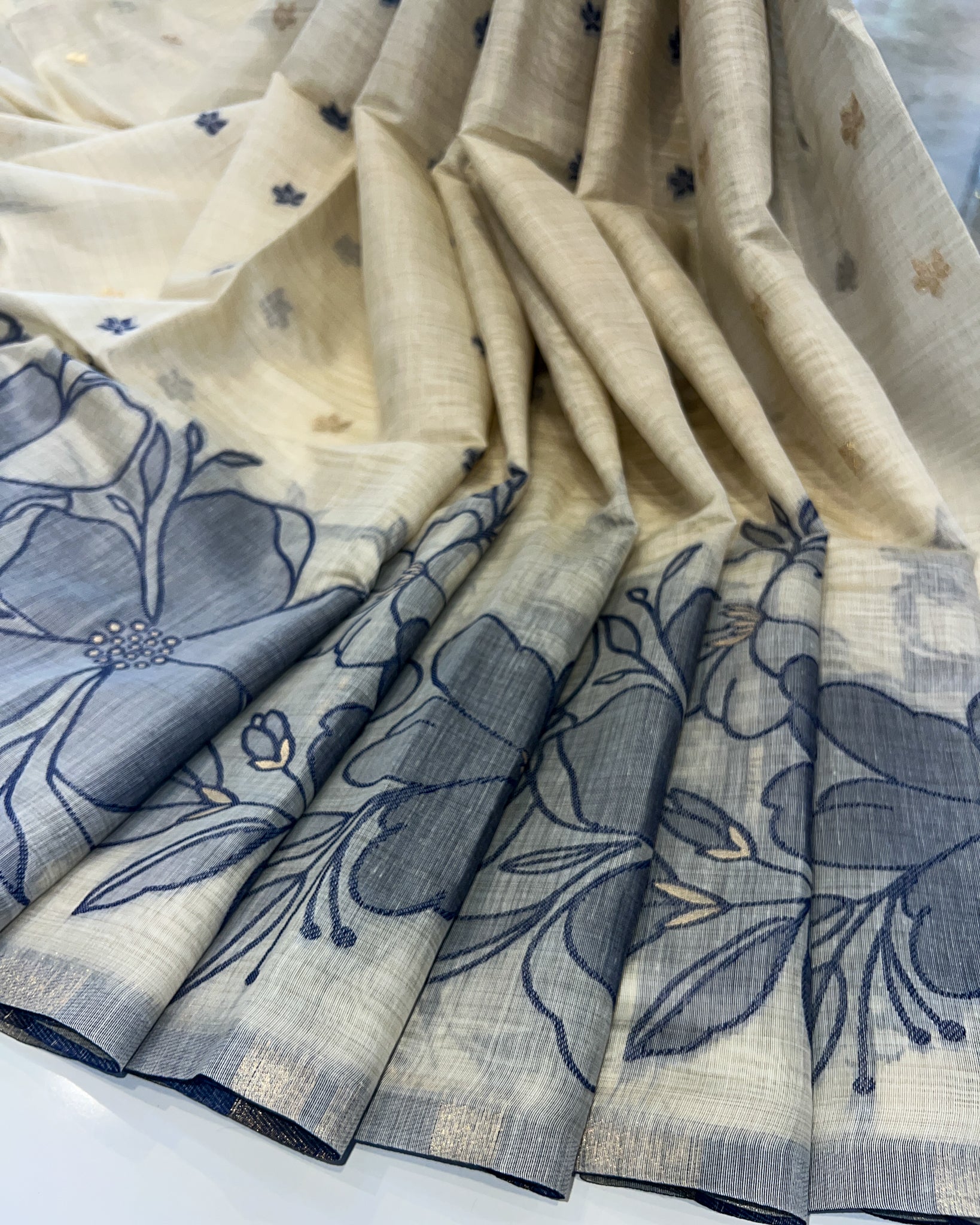 Cream Muga Cotton Saree with Blue Floral Threadwork
