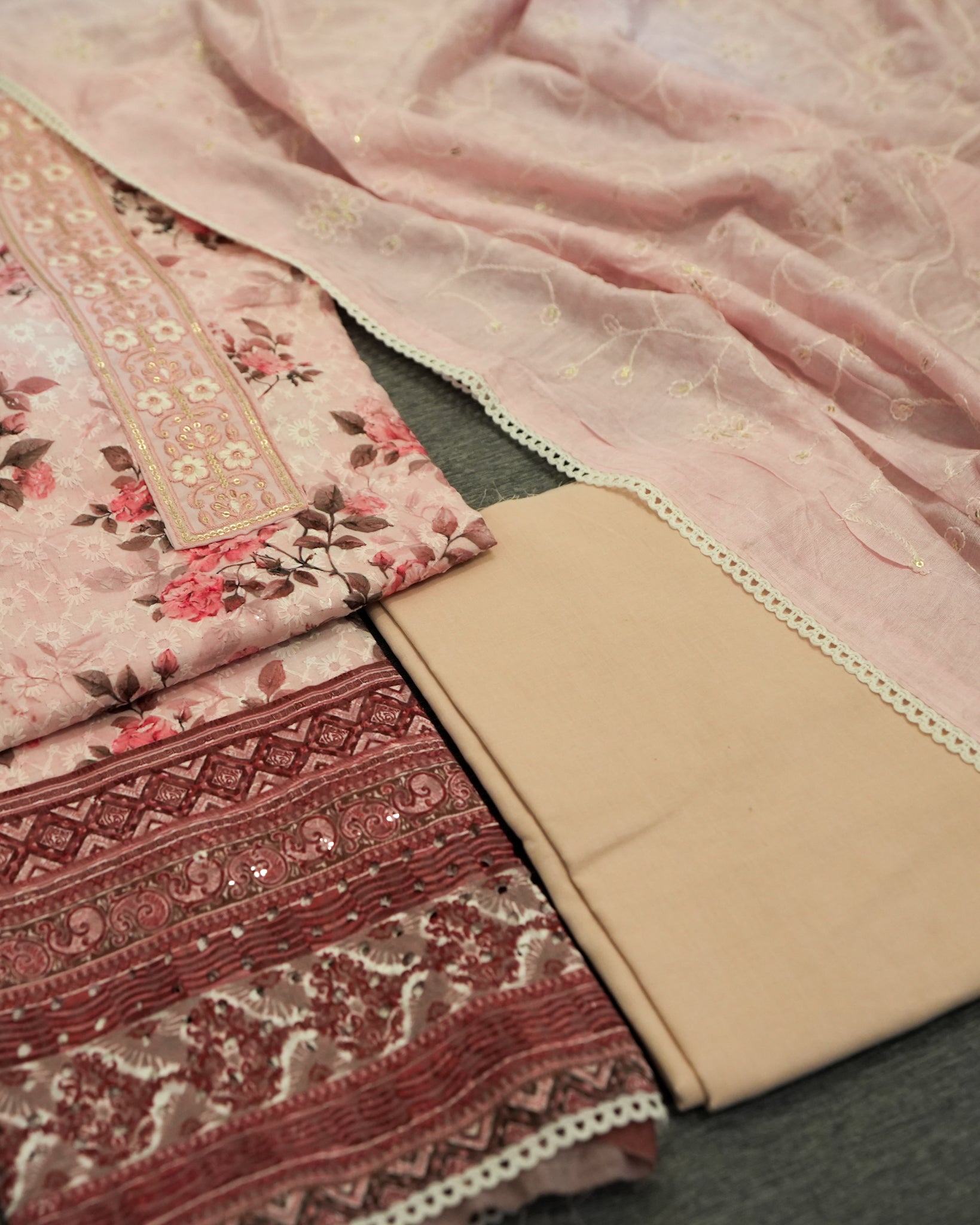 Pink Cotton Chikankari Embroidered Floral Printed Unstitched Suit