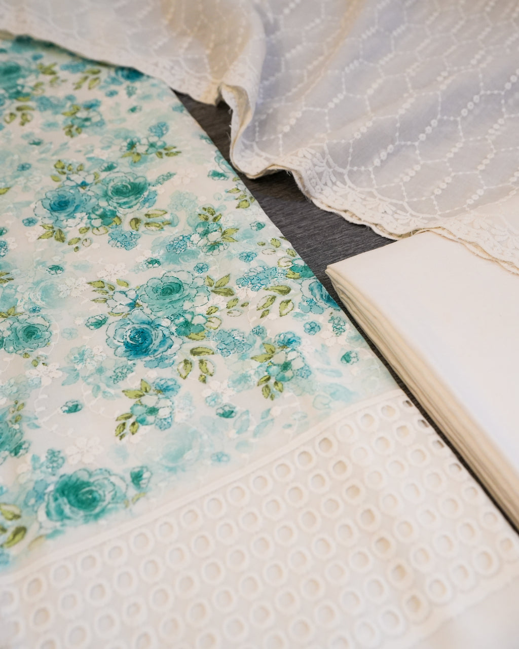 Cream & Blue Cotton Chikankari Embroidered Floral Printed Unstitched Suit