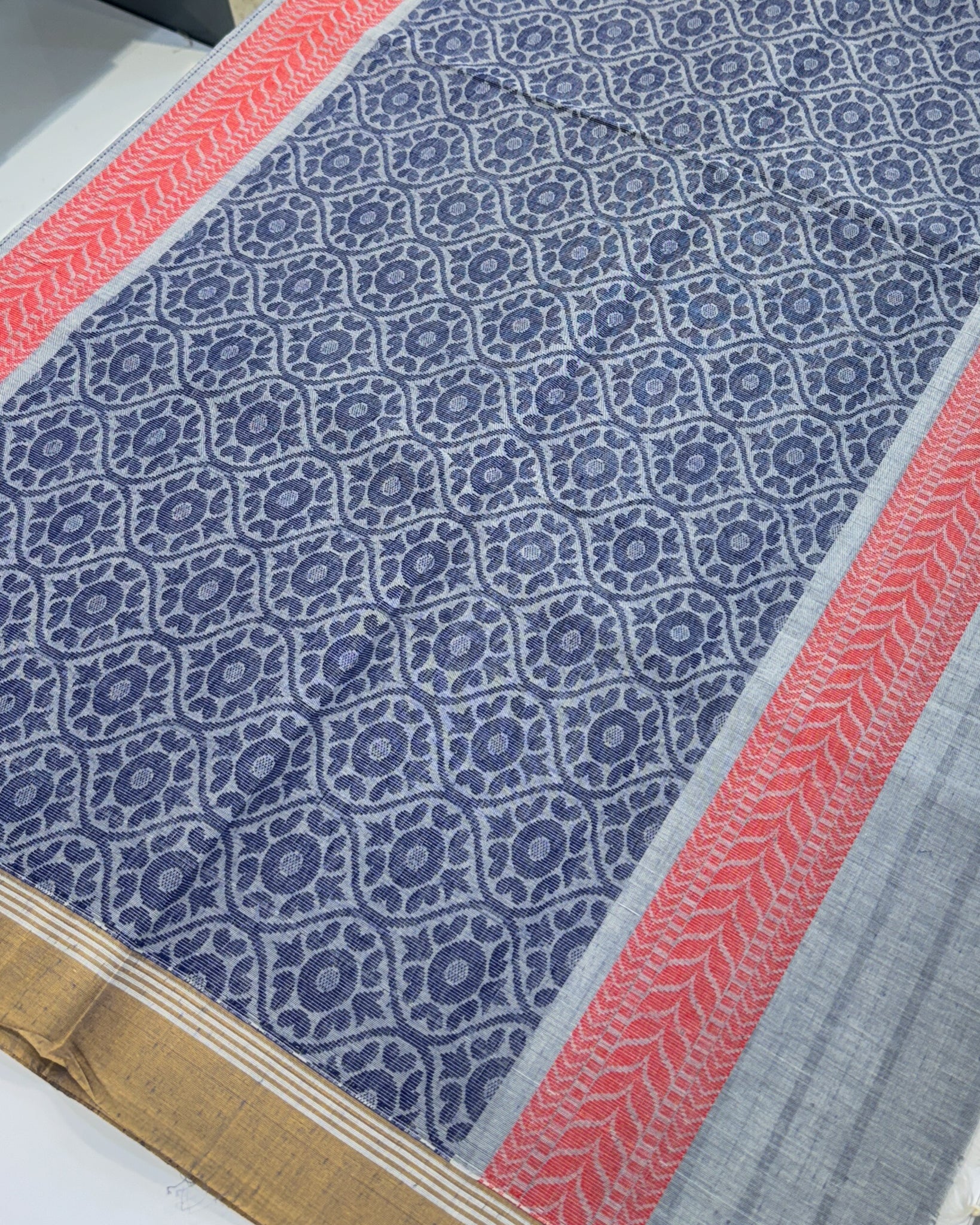 Kanchi Cotton Blue Saree with Mango Line Buttas Thread Work