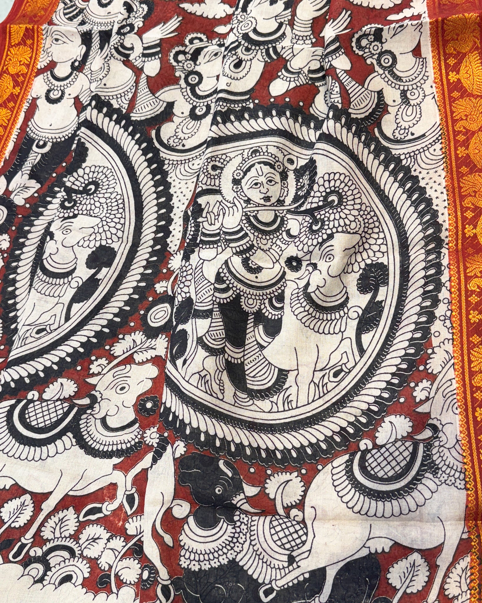 Kalamkari Cotton Saree with Nizam Border – Black Floral Pattern