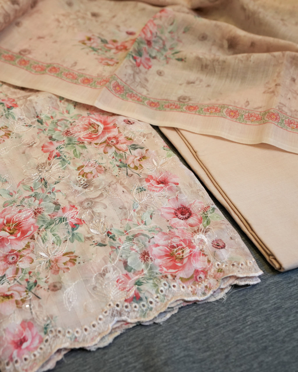 Peach Cotton Chikankari Embroidered Floral Printed Unstitched Suit