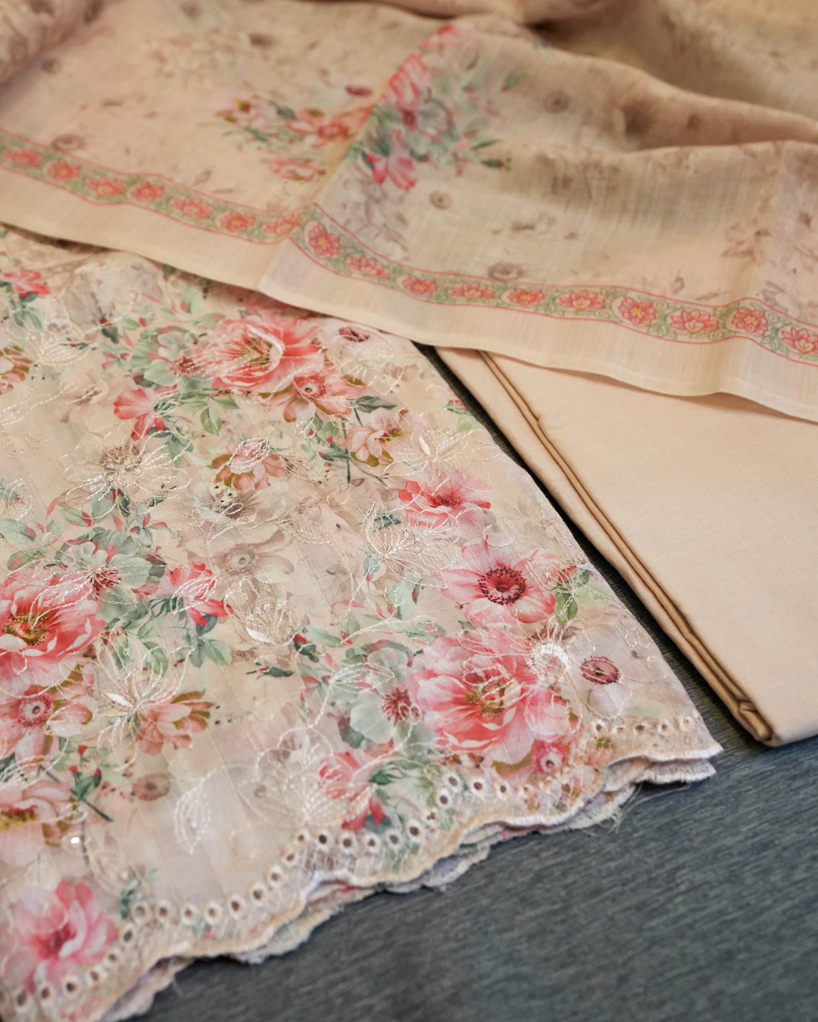 Peach Cotton Chikankari Embroidered Floral Printed Unstitched Suit