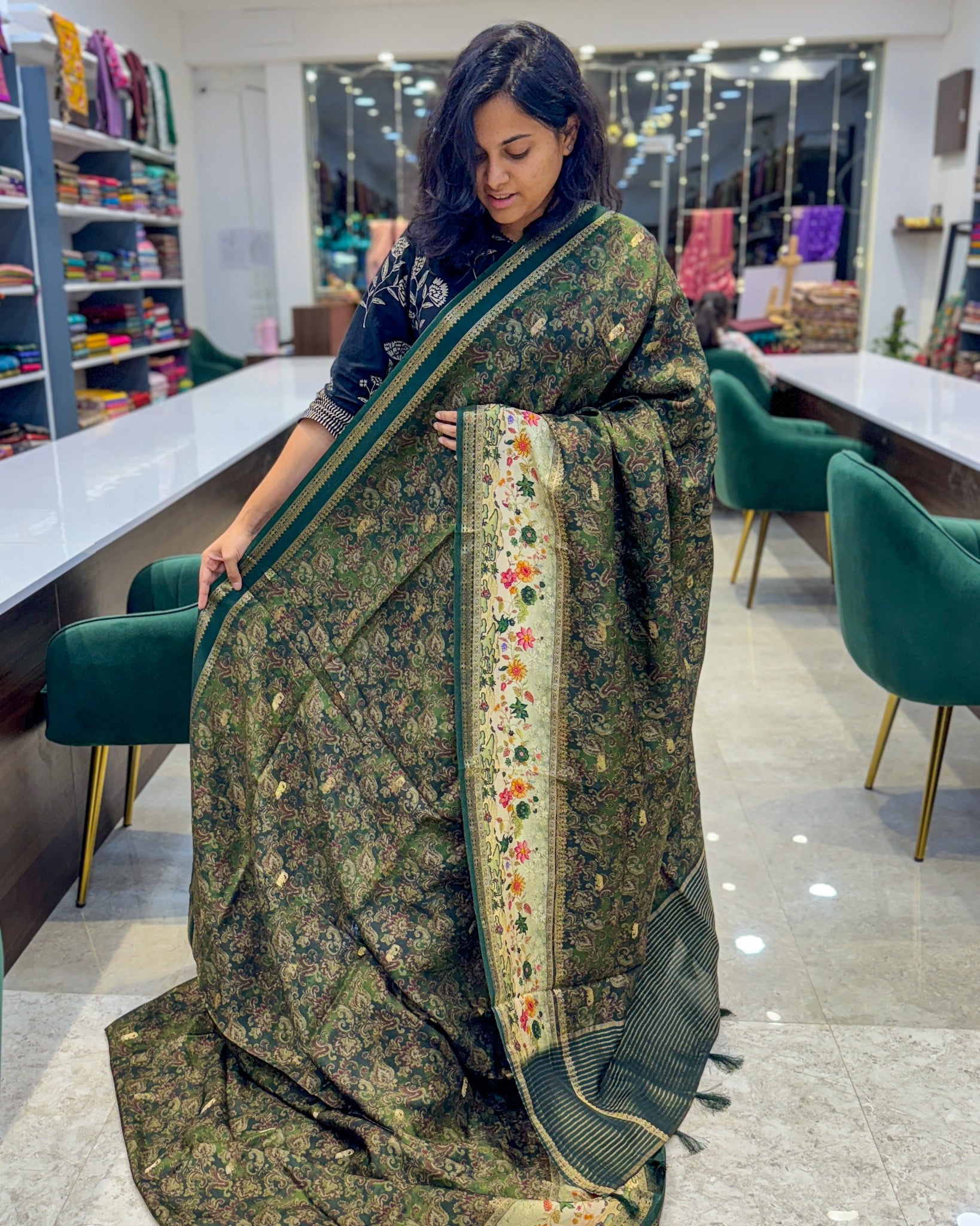 Premium Georgette Viscose Digital Print  Saree with Elephant Zari Buttas