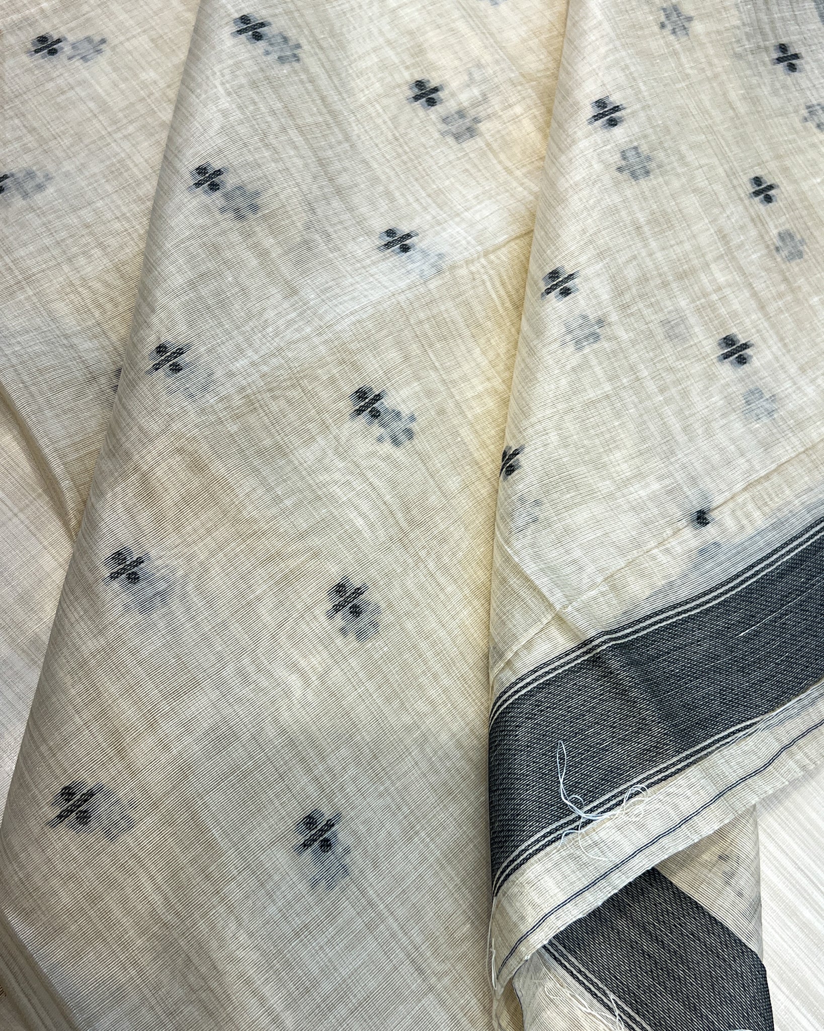 Cream Muga Cotton Saree with Grey Floral Threadwork