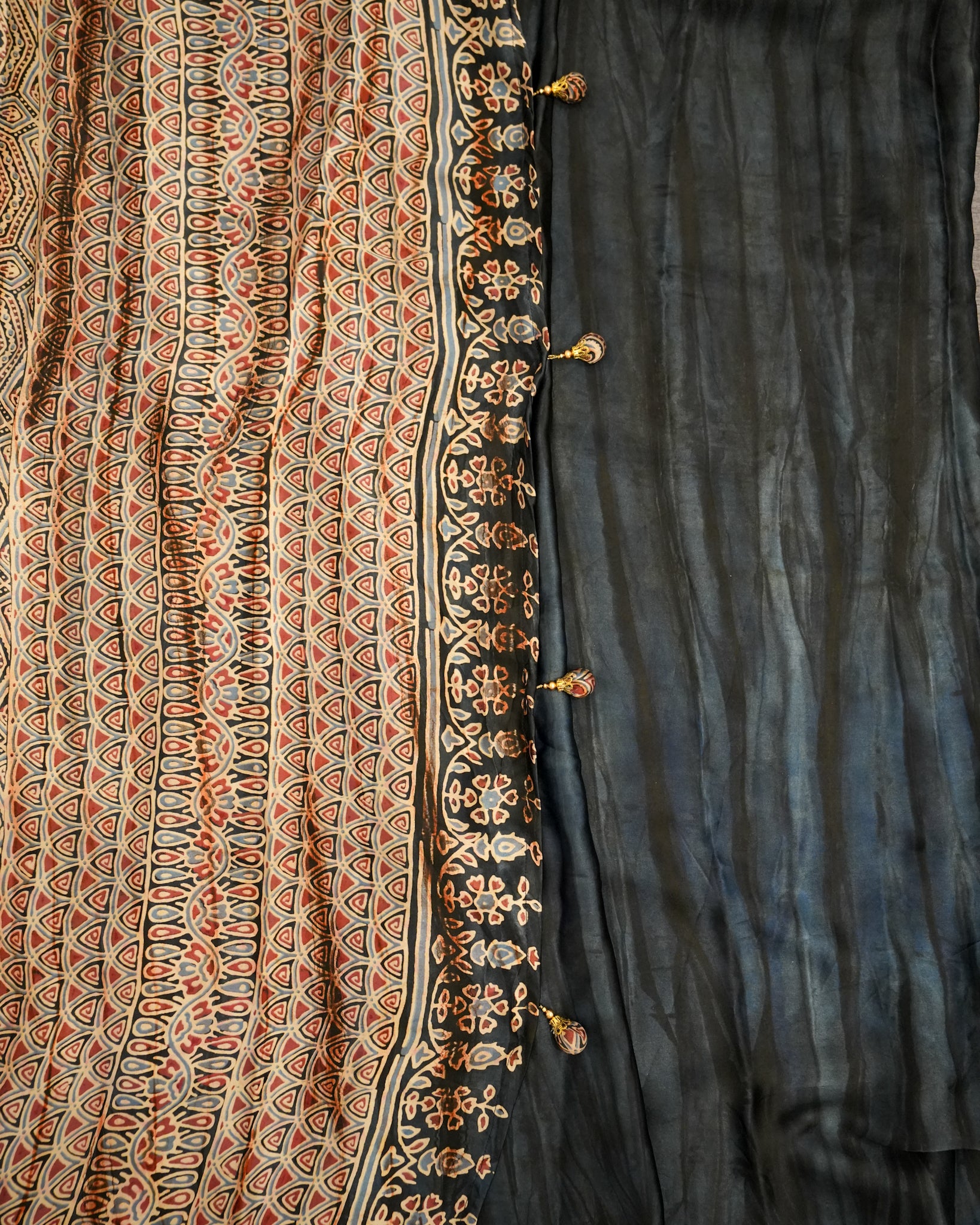 Premium Semi Modal Silk Saree in Black with Shibori & Ajrakh Print